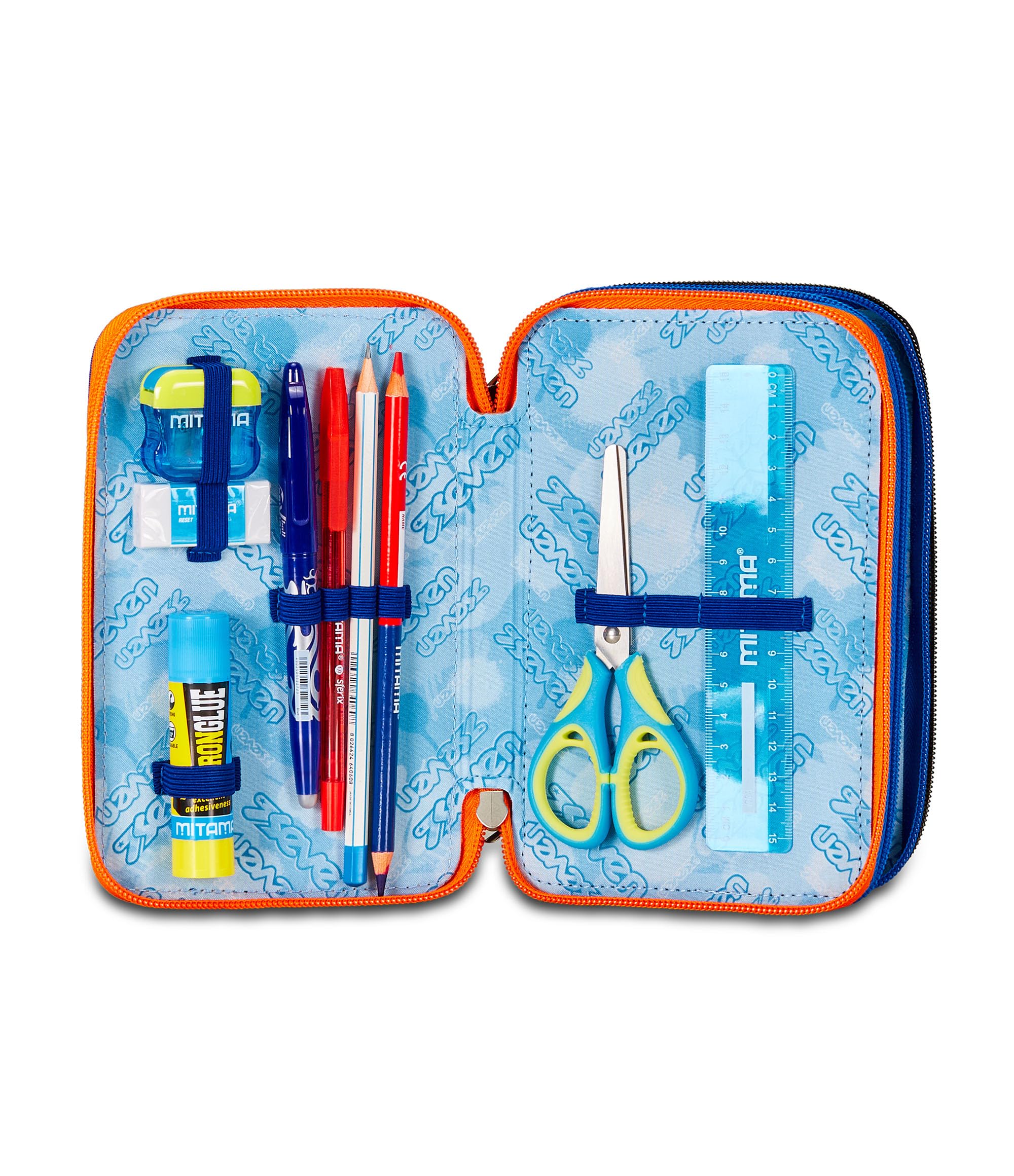Seven Astuccio Scuola 3 Zip, Reflex Blue, Shadefull Boy, Portapenne Triplo Scomparto Completo Di Penne, Matite, Colori, Accessori Zaino, Elementari, Medie, Superiori, Ragazzo Ragazza