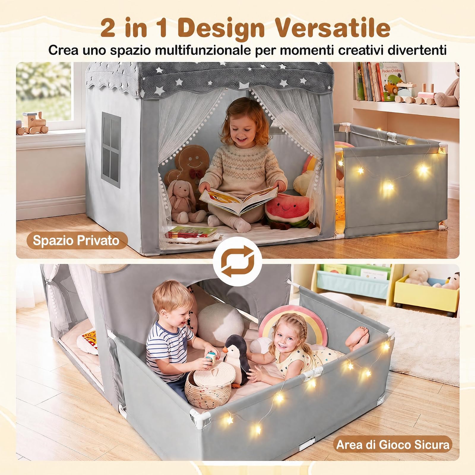 COSTWAY Tenda da Gioco Fosforescente per Bambini con Recinto (Grigio)