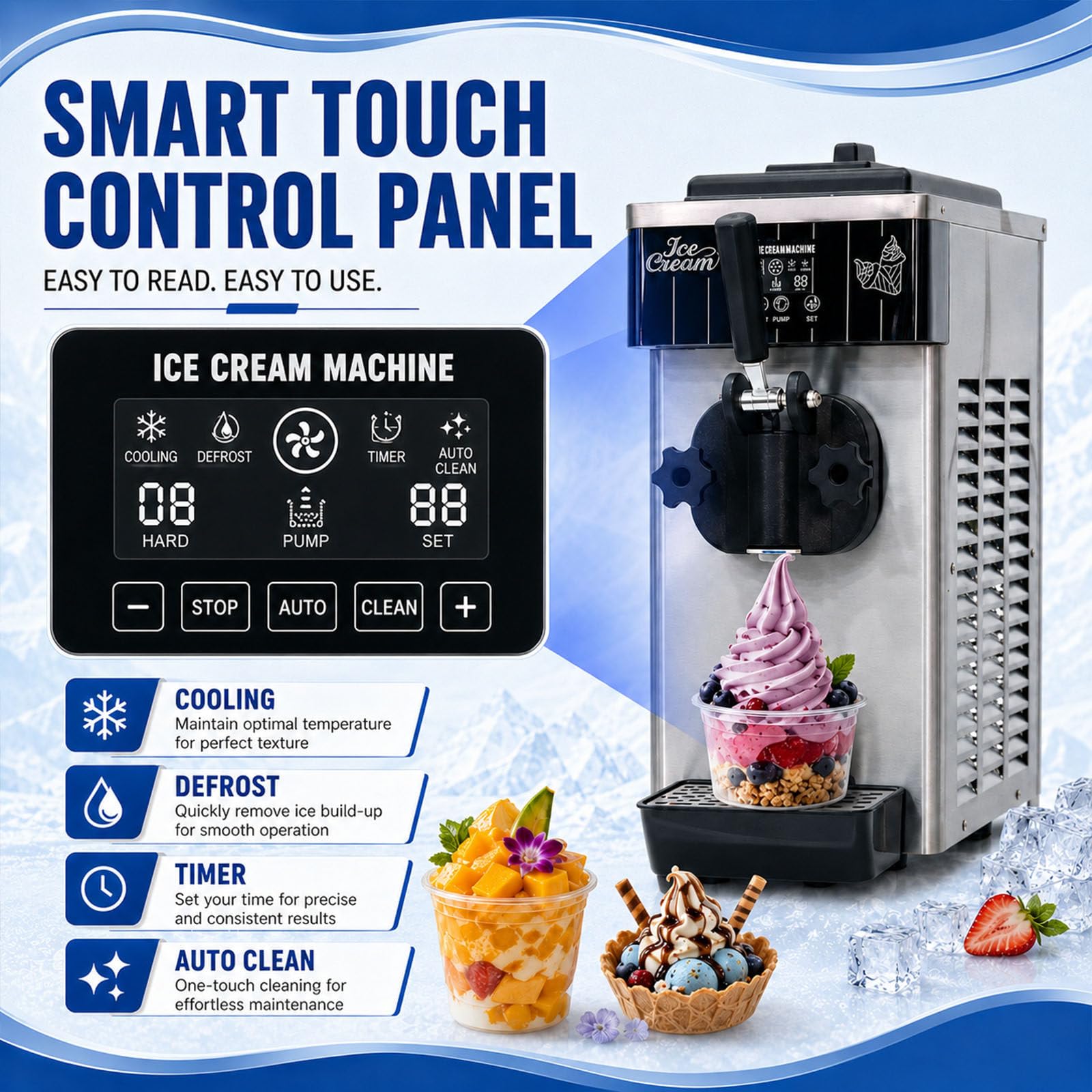 Máquina De Helado Suave, Máquina Eléctrica para Hacer Helado Suave, Máquina De Sobremesa De Un Solo Sabor, Enfriamiento Rápido, Cuerpo De Acero Inoxidable, Salida De 4-6 L,Tolva De 2,5 L