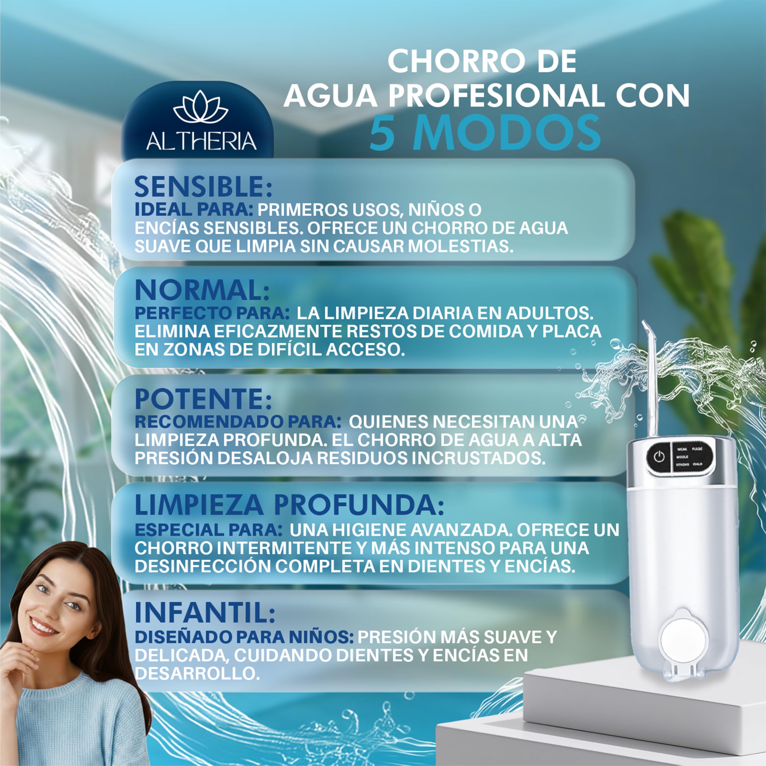 ALTHERIA® | Irrigador Dental Portatil de 5 MODOS con 4 Boquillas INCLUIDAS | Irrigador Bucal Inalámbrico | Limpieza Bucal y Encías Limpias | Deposito Extensible con Capacidad de 300ML y USB-C | IPX7. — view 4