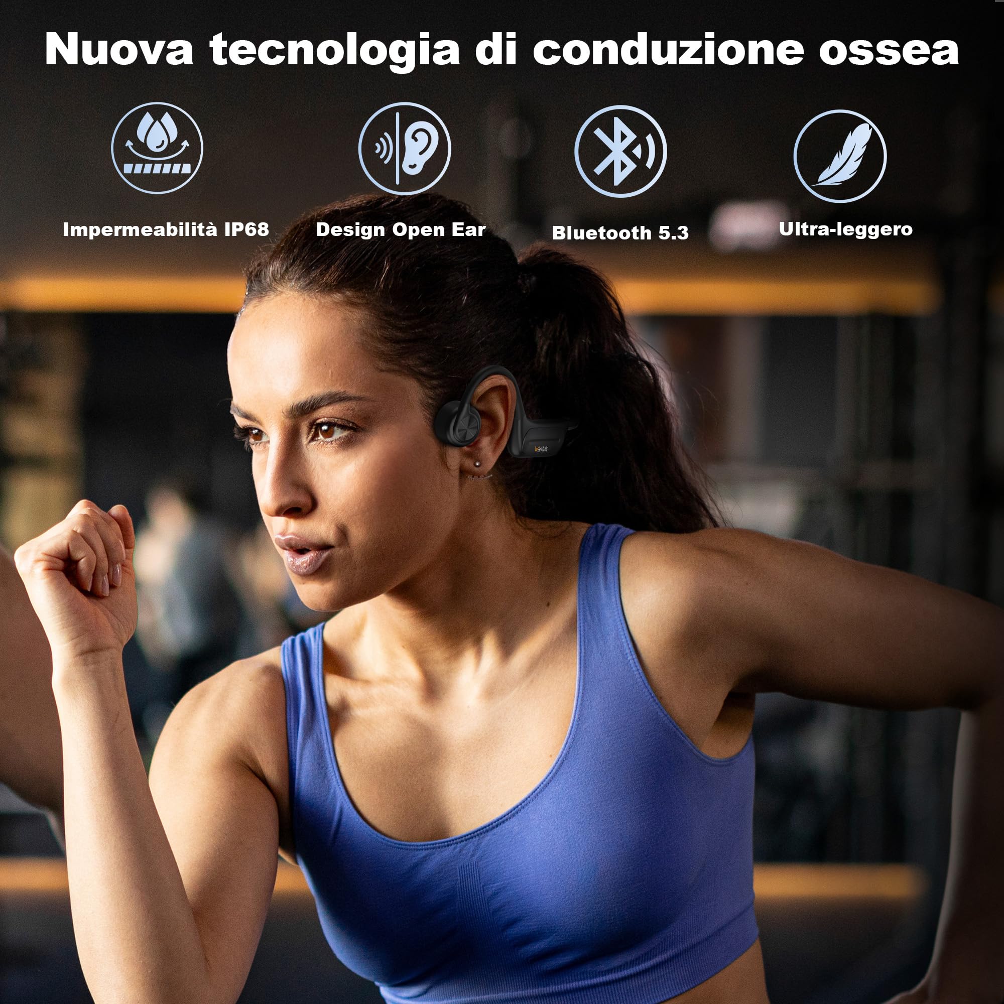 Wantek Cuffie Conduzione Ossea Bluetooth, Auricolari Open-Ear Wireless con Lettore MP3 32GB,IP68 Impermeabili,per Nuoto,Corsa,Ciclismo,Allenamento e Nuoto Auricolari Sportivi