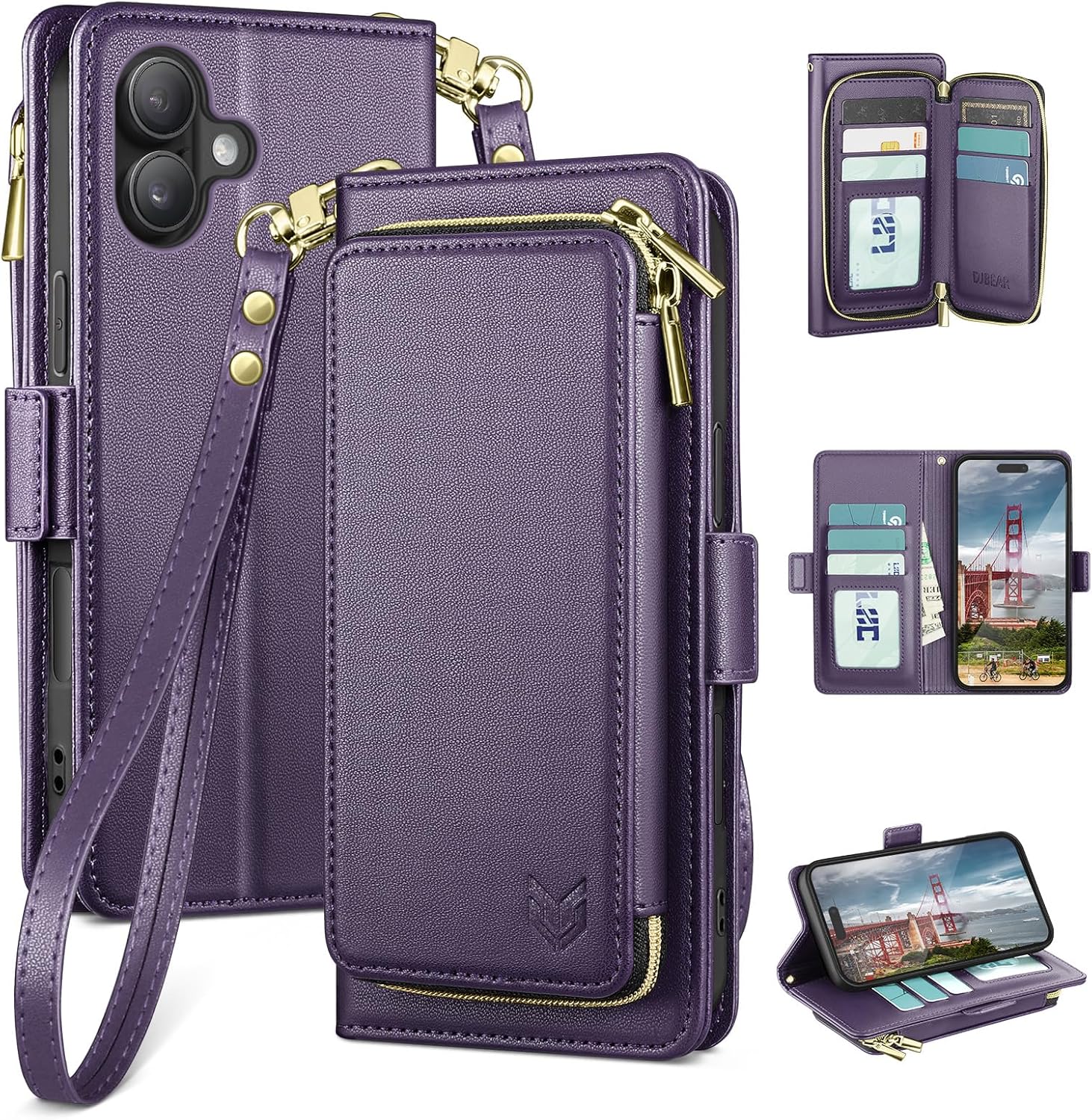 DJBEAR for iPhone 17 6.3" Wallet Case for Men & Women, All-in-One Flip Folio Cover with 9 Card Slots, Zipper Pocket, Detachable Wrist Strap, Full Body Protection for Apple 17 Dark Purple