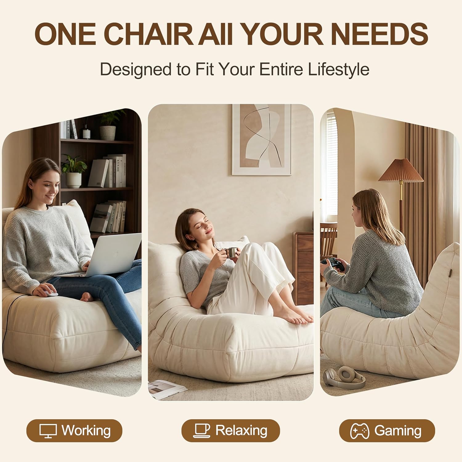 Gazecaia Comfy Bean Bag Chair for Adults Teens | Fireside Floor Lounge Chair, Soft Suede High-Resilience Memory Foam Bean Bag Couch with Non-Slip Base, for Living Room Bedroom Apartment Office, White