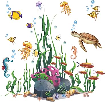Amaonm Creative Cartoon Removable 3D Under The Sea World Nature Scenery Wall Stickers Ocean Grass Colorful Seaweed Baseboard Wall Decal for Wall Corner Nursery Room Bathroom Living Room Animals