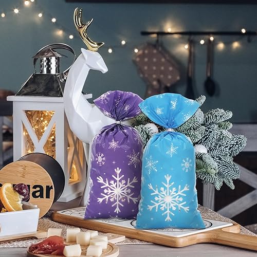 Miniatura 6 de Whaline 150 bolsas de celofán de Navidad, color rosa, azul, morado, copo de nieve, caramelos, galletas, bolsas de plástico con lazos giratorios