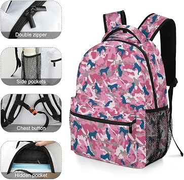 Personalized Teens Rucksack Daily Bag Printed Kids School Backpack Bookbag Leopard Camouflage Pink