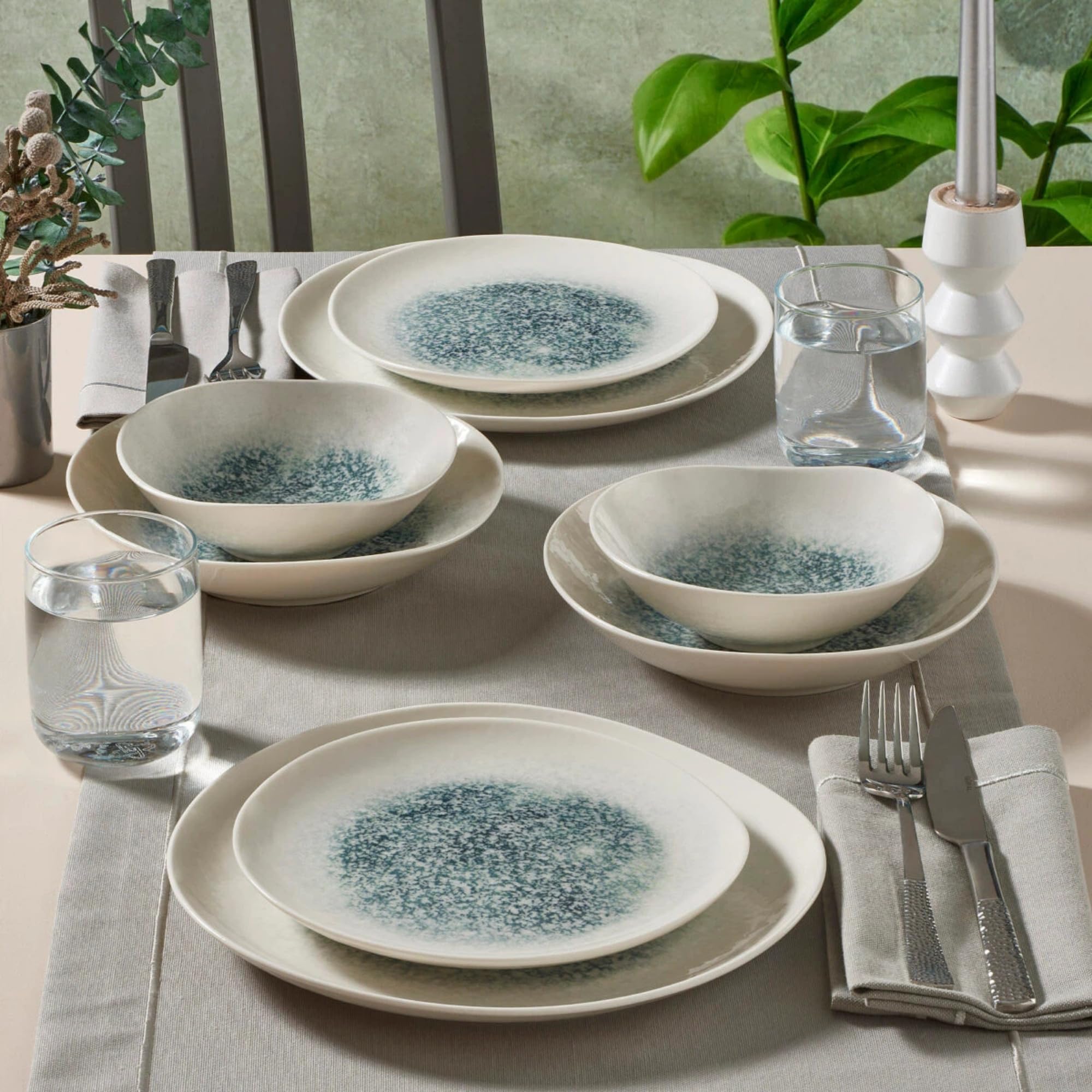 NORDIC SCHILLER Tafelservice Roden Series, 6 Personen, 24-tlg., Creme | Bone Porzellan, Blaue Struktur, Essteller, Dessertteller, Tiefe Teller