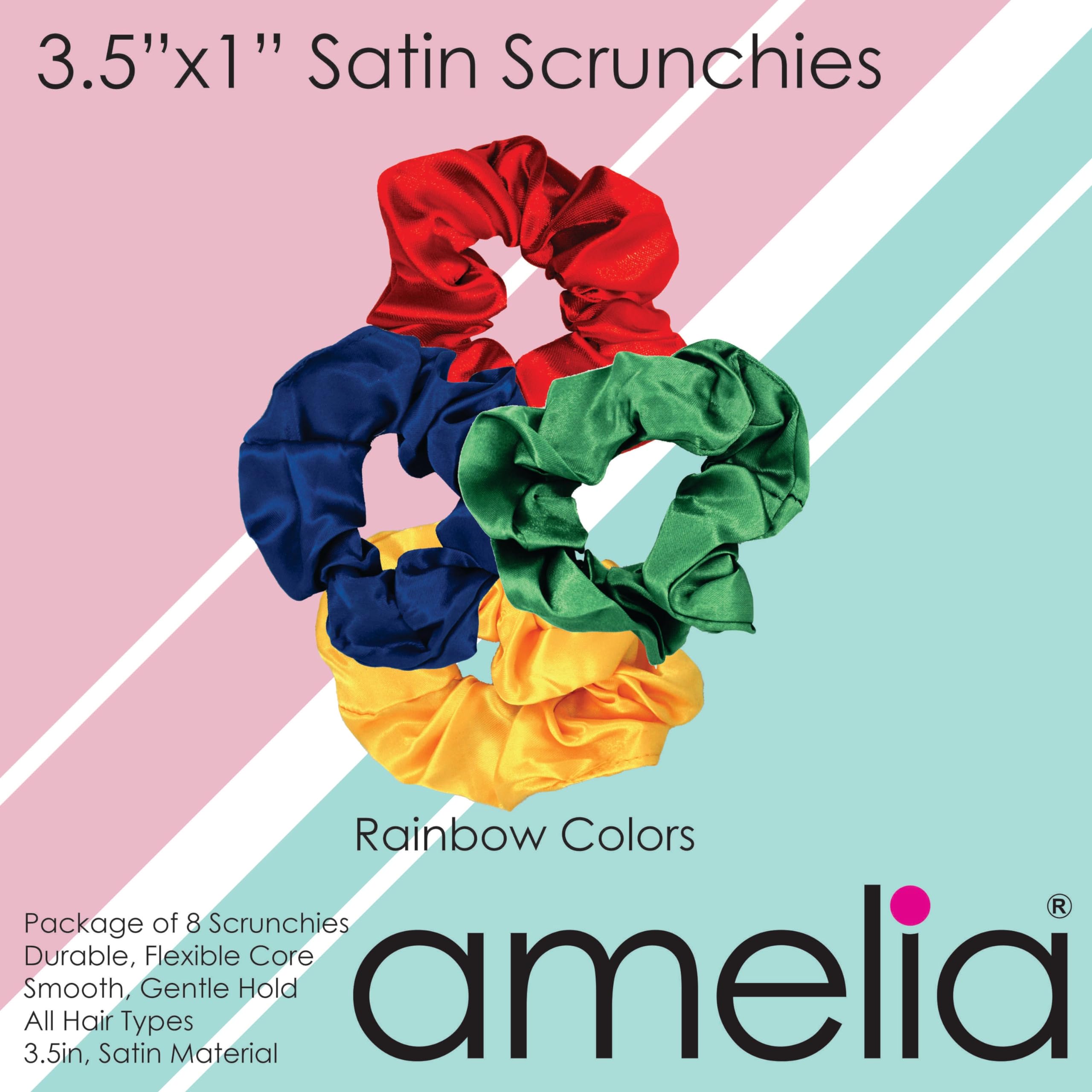Amelia Beauty Products Paquete de 8 coleteros de satén de colores arcoíris, 3.5 pulgadas de diámetro, suaves con el cabello, sin enganches, sujeción duradera, rojo, amarillo, azul, verde, ideal para