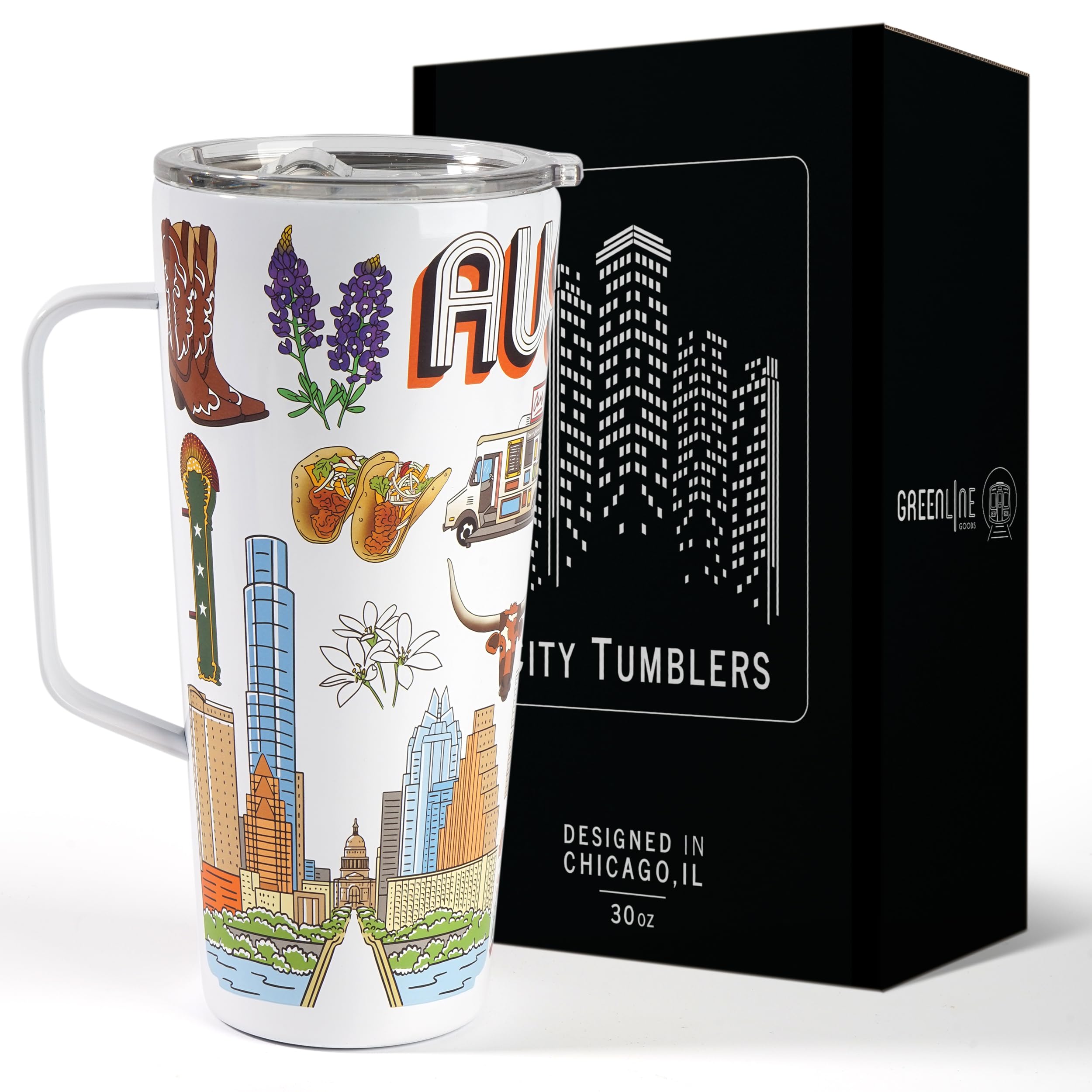 Greenline Goods 30oz Austin City Insulated Tumblers with Lids & Handle – Stainless Steel Tumblers for Hot & Cold Beverages, Elegant Coffee Tumbler Mug Design – Hot & Cold Coffee Tumbler