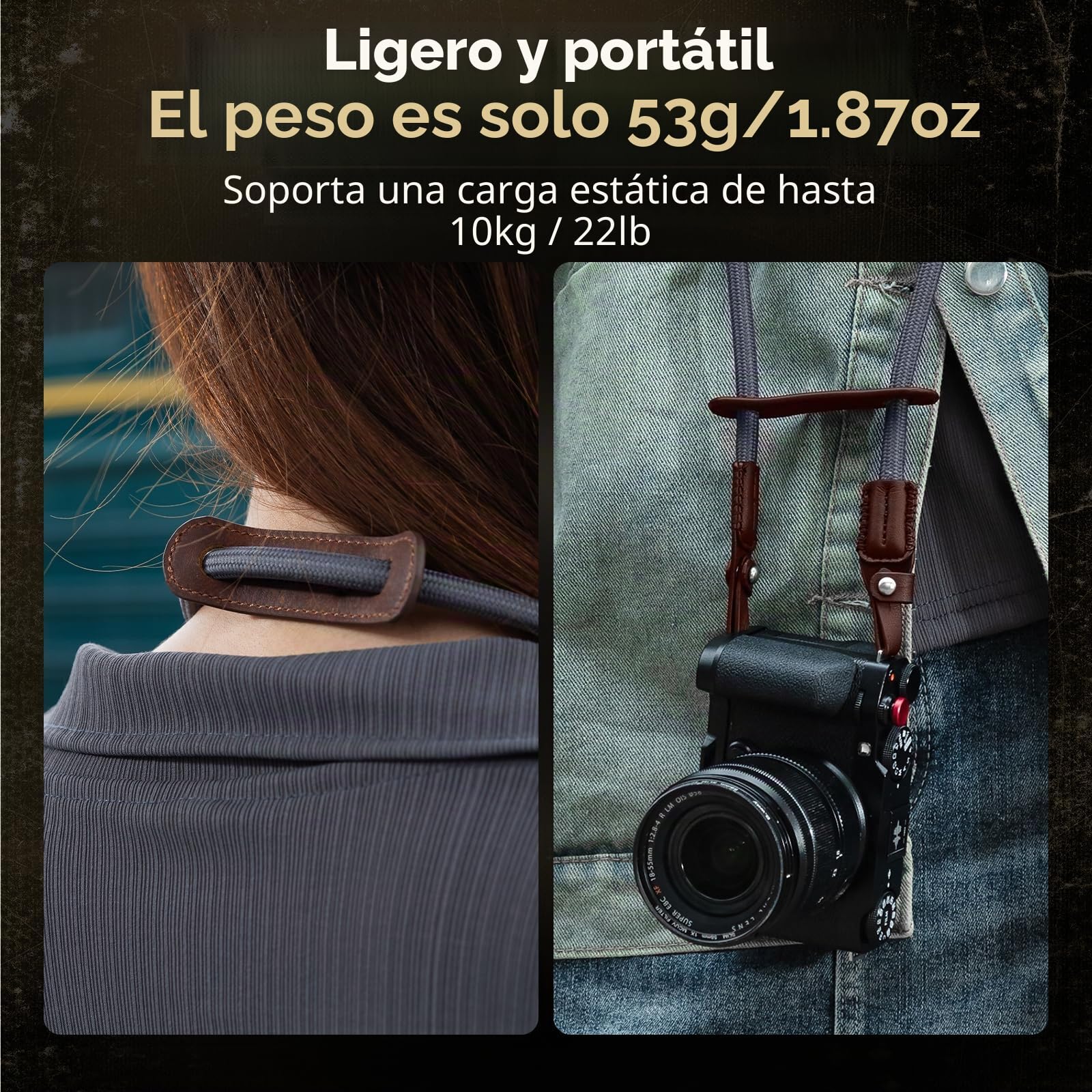SMALLRIG Correa de Hombro para Cámara, Correa de Hombro Trenzada Ajustable con Junta Tórica y Almohadilla de Cuero para Cámara DSLR o Sin Espejo, Gris - 5057