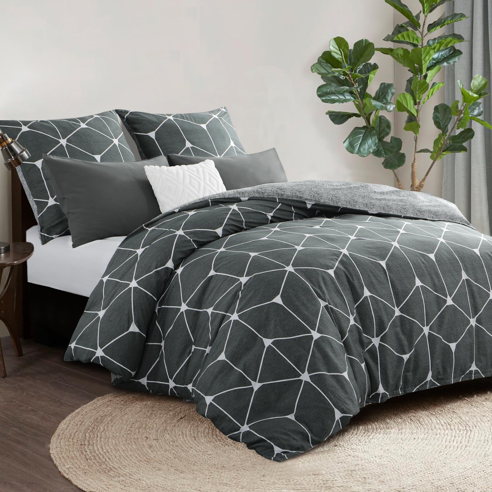 RUIKASI Biancheria da letto 200 x 200 cotone grigio scuro e bianco, 100% traspirante, comoda biancheria da letto in cotone, 1 copripiumino 200 x 200 cm + 2 federe 80 x 80 cm