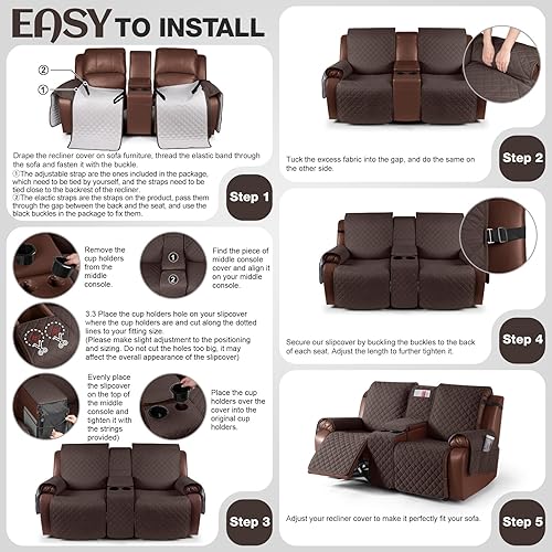 Miniatura 5 de KinCam Funda de sofá reclinable 100% impermeable con consola, fundas antideslizantes para sofá reclinable de 2 asientos, funda de sofá reclinable,
