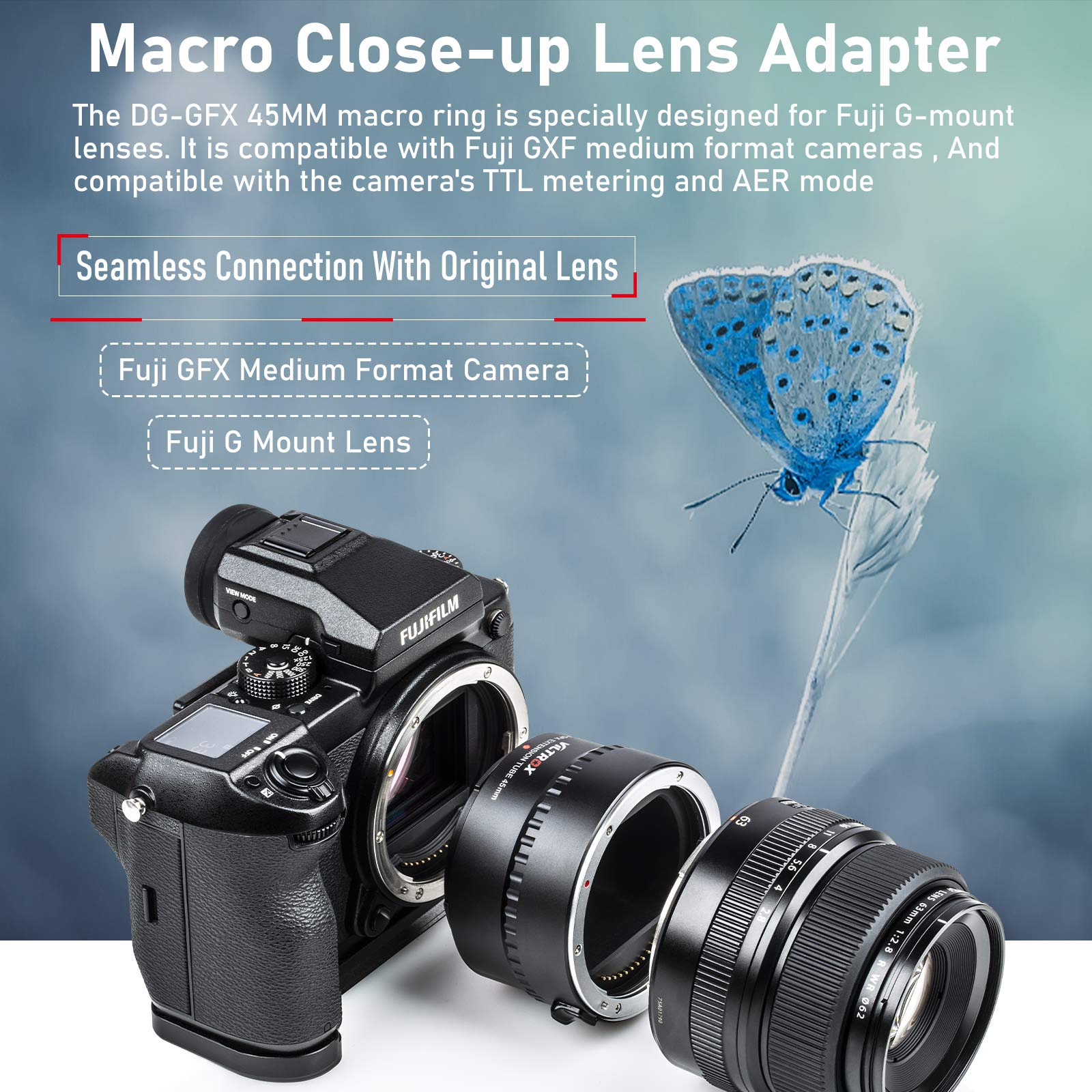 VILTROX DG-GFX 45mm Auto fokus Makro Verlängerungsrohr Objektiv Adapter Unterstützung TTL/AF für FUJIFILM GFX100, GFX 50S, GFX 50R Kamera auf GFX Mount Objektiv