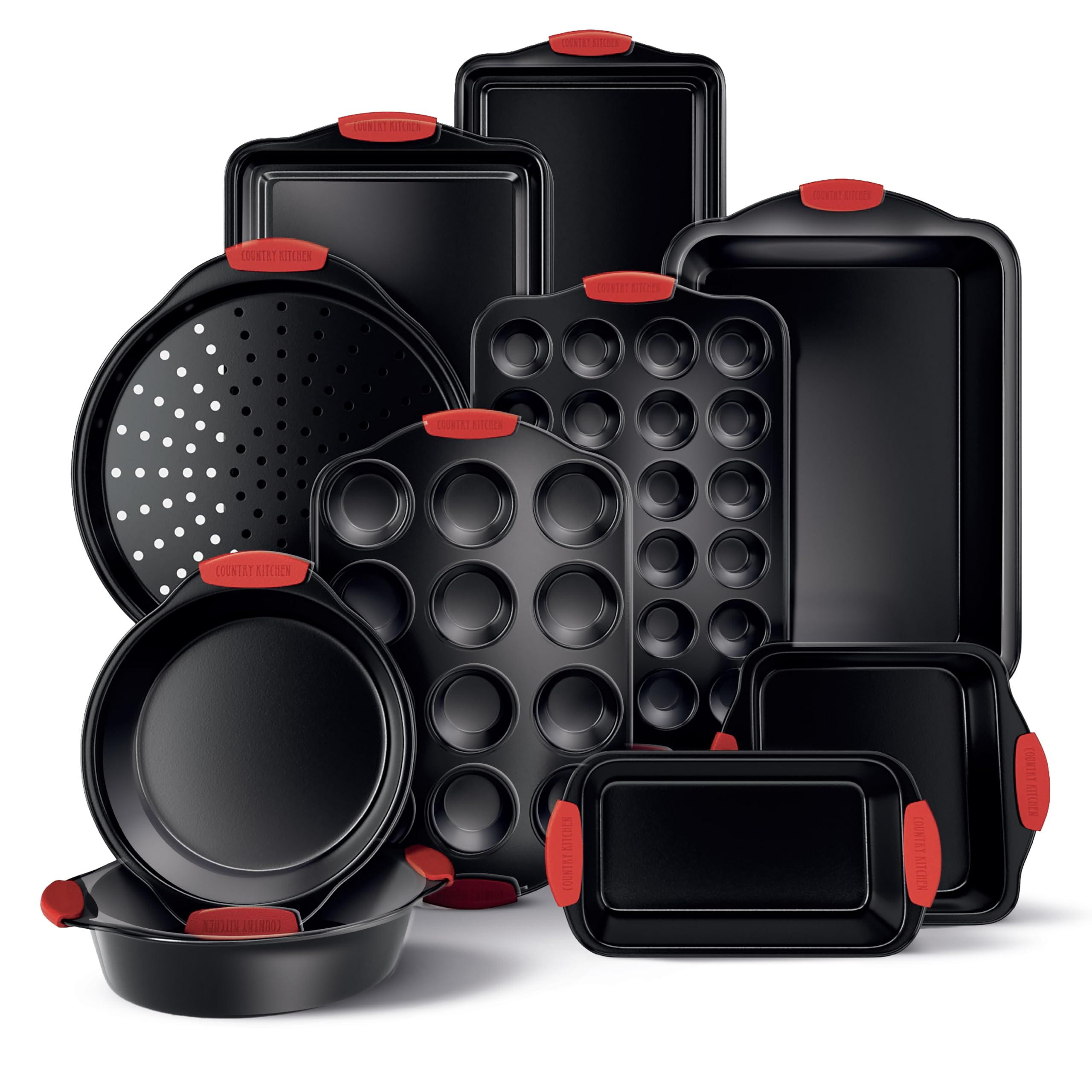 Country Kitchen Nonstick Stackable Bakeware Set - Heavy Duty, Durable, Easy Release Baking Set, Red, 10 Pcs