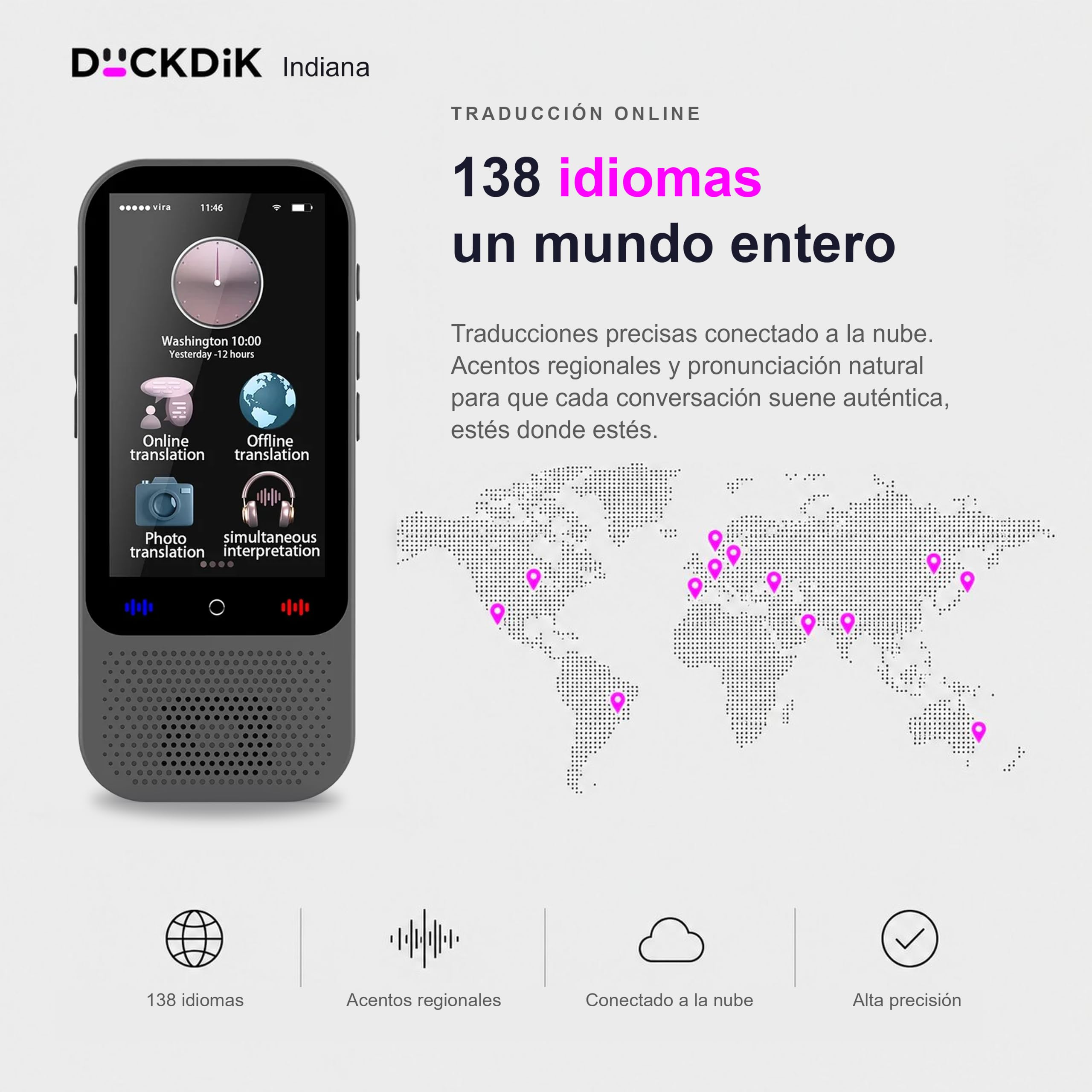 Indiana, Traductor de Idiomas Instantáneo de Voz 2025 + App Traducción Offline Incluida de por Vida (Valor 120€/año) — 142 Idiomas Online, 18 Offline + 59 en App, Pantalla Táctil HD, IA