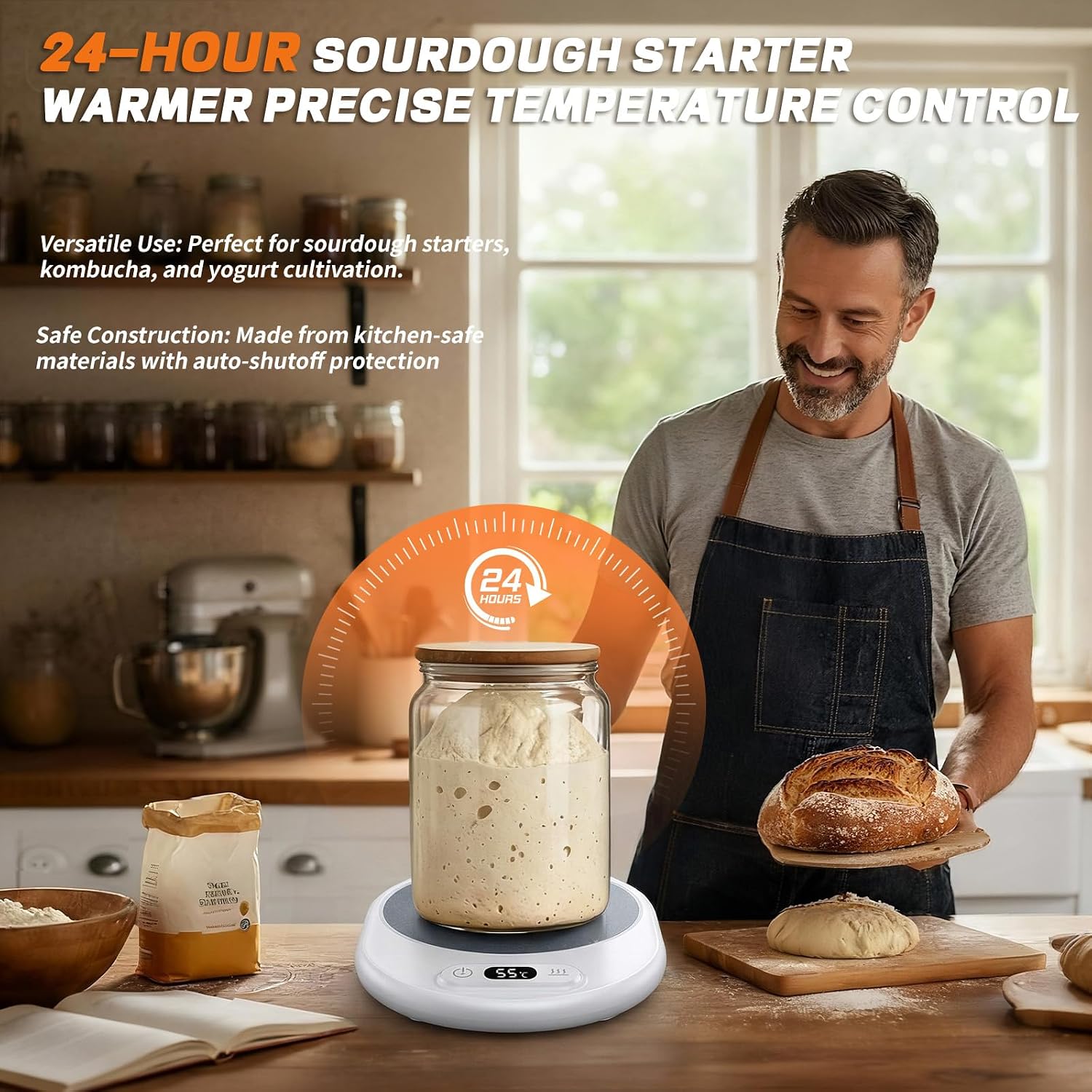 Sourdough Starter Warmer- 70-130°F Adjustable Temp, 1°F Precise Control & 24H Timer - Compatible with Any Shape of Cup Bottom -Ideal Sourdough Proofing Tool for Bakers (Round White)