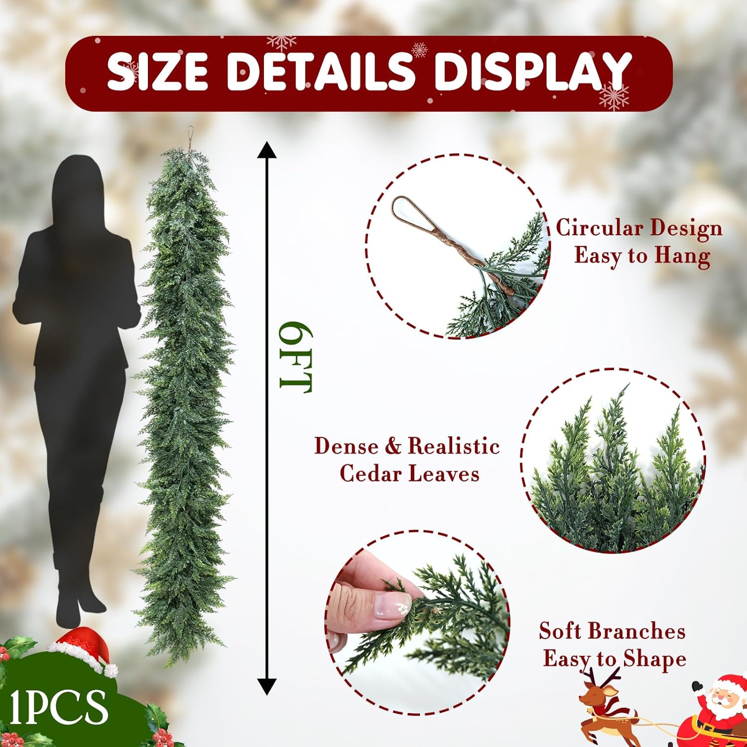6FT Christmas Cedar Garland, Realistic Artificial Faux Pine Garland Ornament for Holiday Mantle Fireplace Stairs Table Indoor Decoration(1 PCS) - Image 2