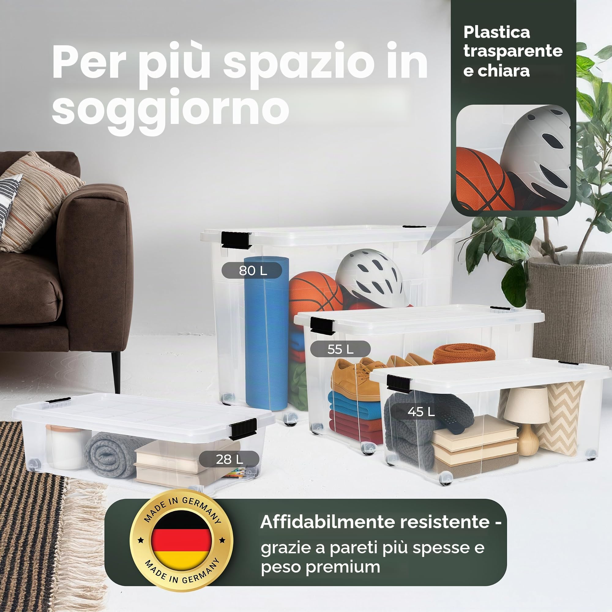 Novaliv Scatola portaoggetti XXL con coperchio, grande, 80 l, trasparente, impilabile, in plastica, con chiusura a clip, senza BPA, 61 x 40 x 45 cm