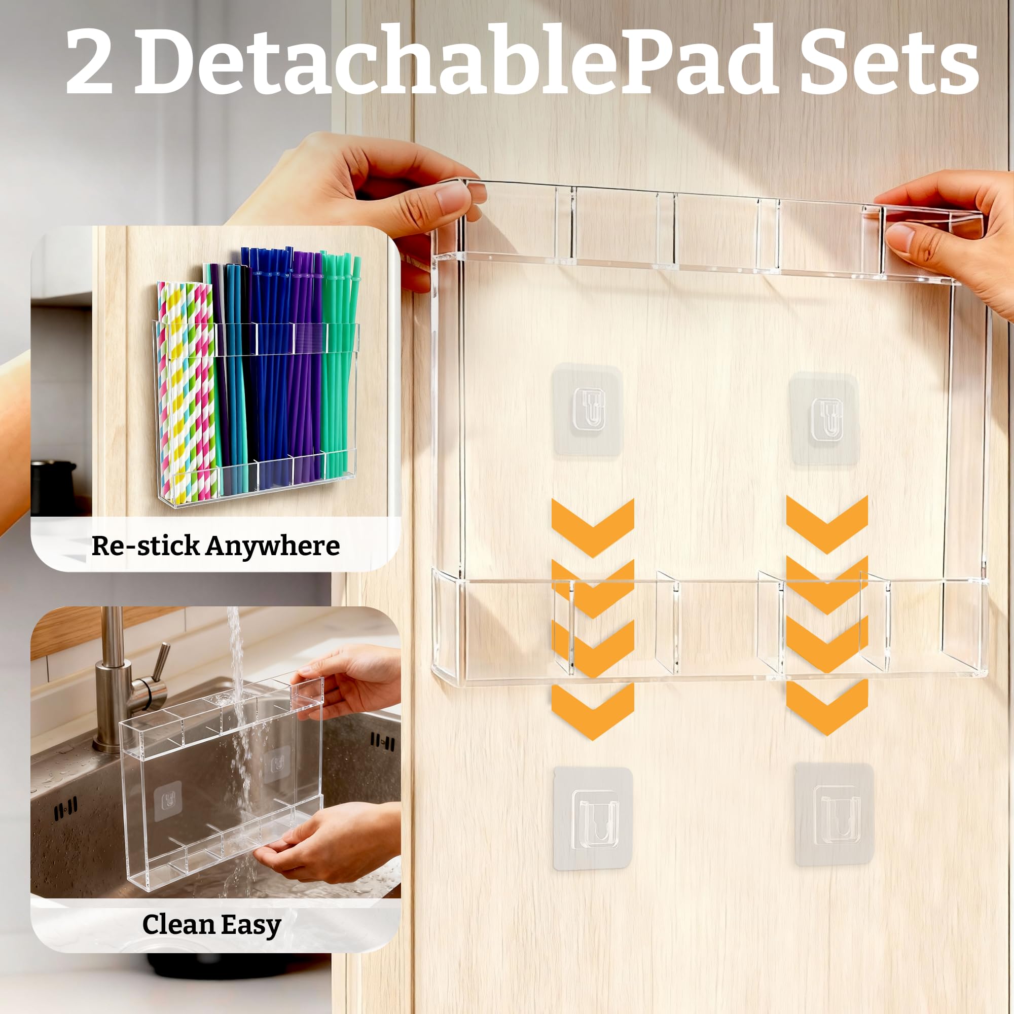9.5â Large Acrylic Straw Holder for Cabinet Door with Detachable Ultra Sticky Adhesive Squares and Stickers, 2026 Reusable Straws Organizer Storage Dispenser for Kitchen Counter Cupboard: Transparent 1