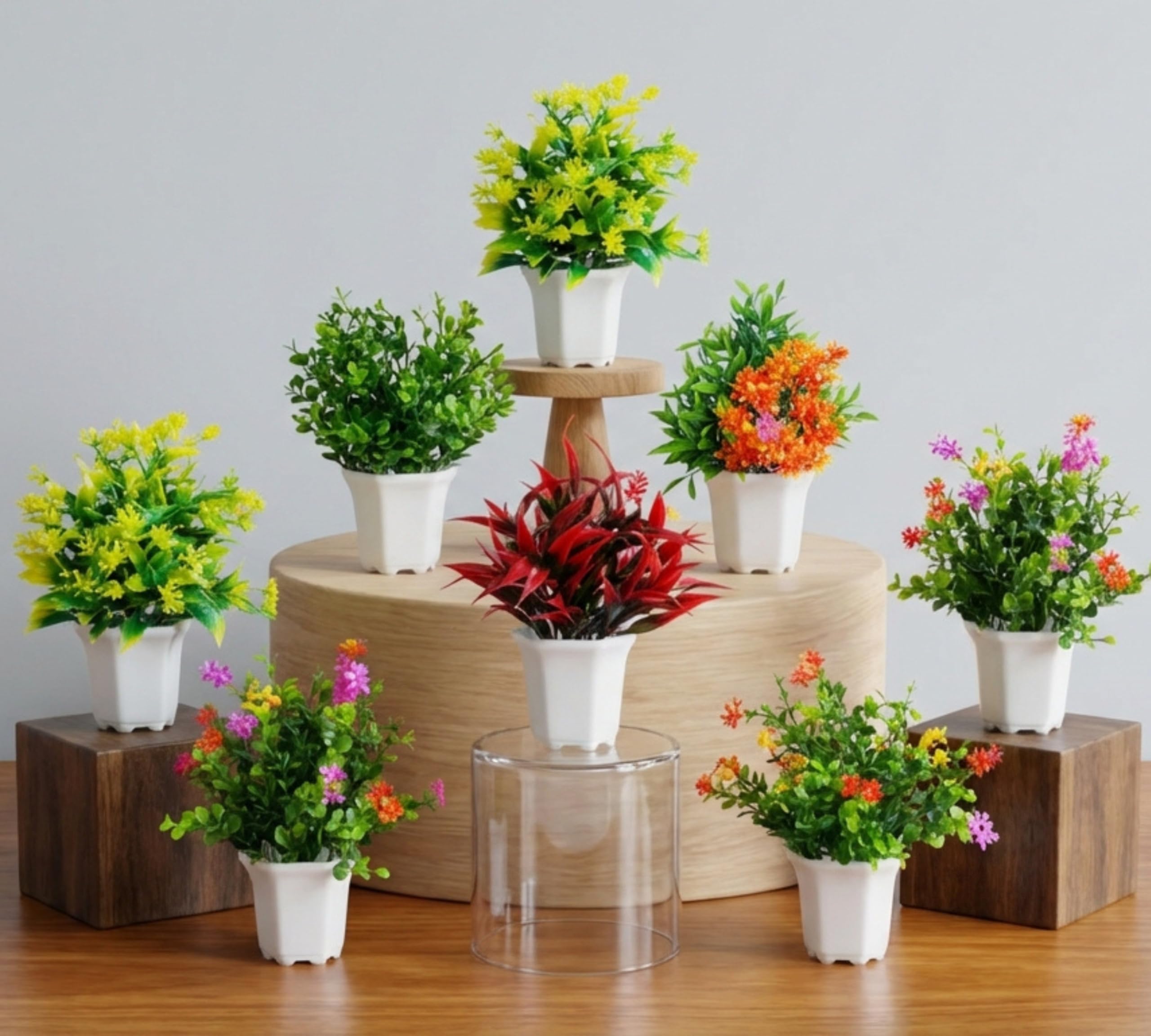 Dekorly Wild Artificial Flower Plants With Cute Hexa Pot|Faux Flower Plant For Home Office Decor|Tabletop And Desk Decoration|Artificial Flower For Balcony Indoor Decor|Pack Of 8 (Multi-J) - Plastic