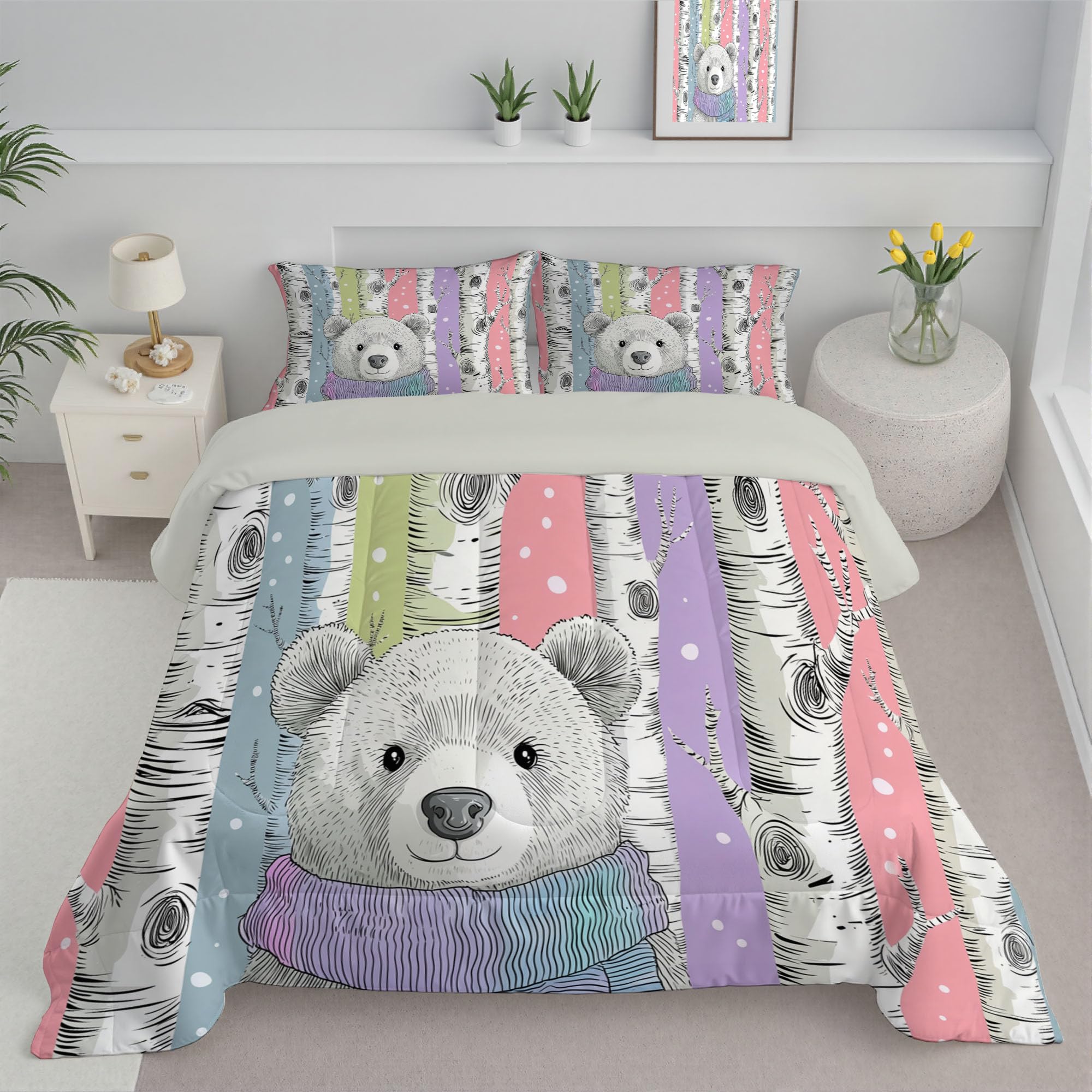 Trapunta Letto Matrimoniale 4 Stagioni Piumone per Bambini, Cartone Animato Panda Leggero Betulla Strisce Set di Biancheria da Letto 200x200cm con 2 Federe,Piumino Lavabile In Lavatrice