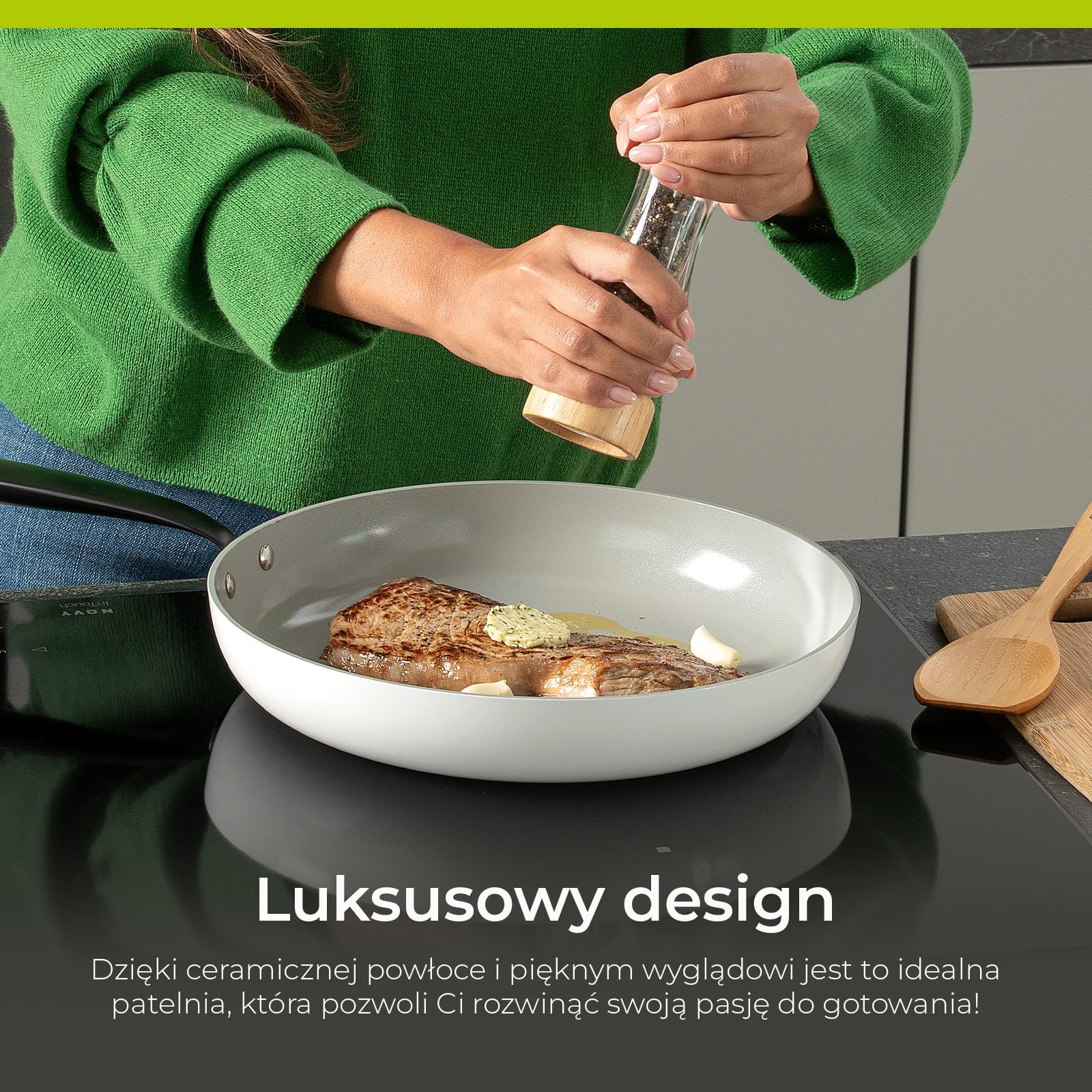 BE Living Essential 5-częściowy zestaw patelni, patelnia do smażenia, patelnia do smażenia, patelnia do sosa, przykrywka, ceramika, bez PFAS, indukcja, biały