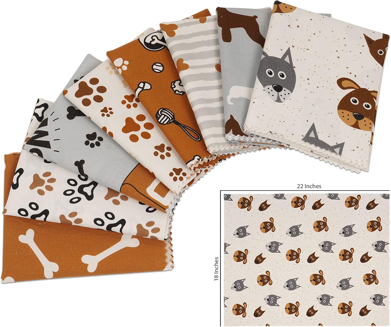 Soimoi 8 Pc Fat Quarter Bundle- Dog Print 18"x 22" DIY Patchwork- 100% Cotton Pre-Cut Quilting Fabric Gray-White- Brown