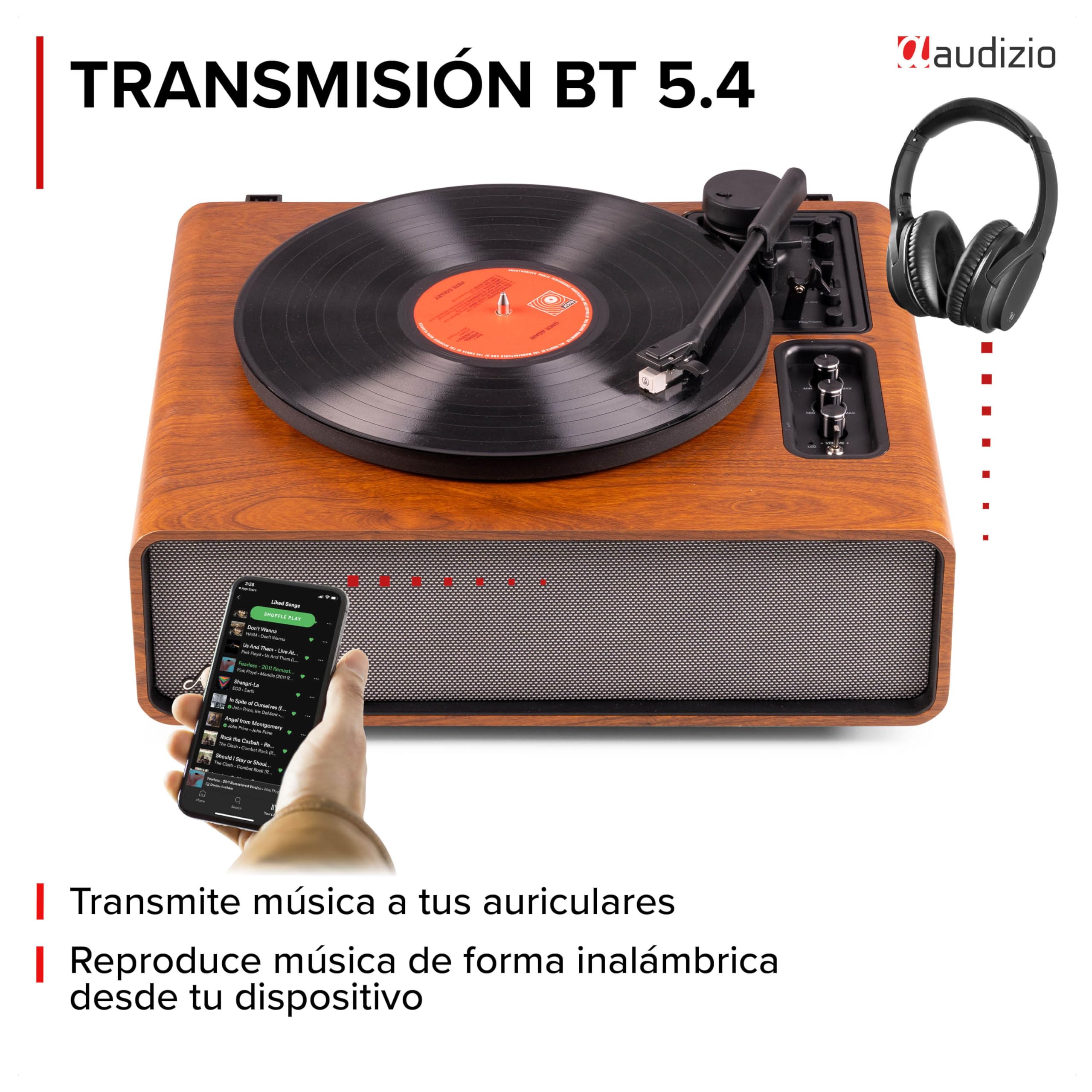 Audizio Laredo - Tocadiscos con BT portátil + Maleta RC37 marrón Oscuro | Bluetooth incorporado, diseño portátil y cápsula Audio Technica, sonido estéreo, para tu salón de estilo retro clásico