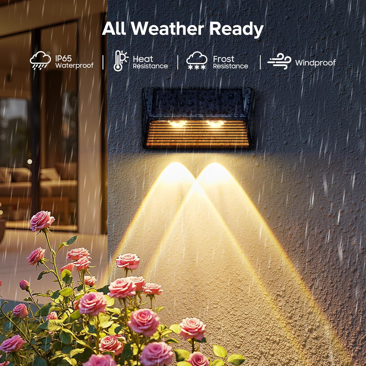 Image of a WdtPro solar light on a wall with roses below, illustrating its IP65 waterproof, heat, frost, and windproof features.