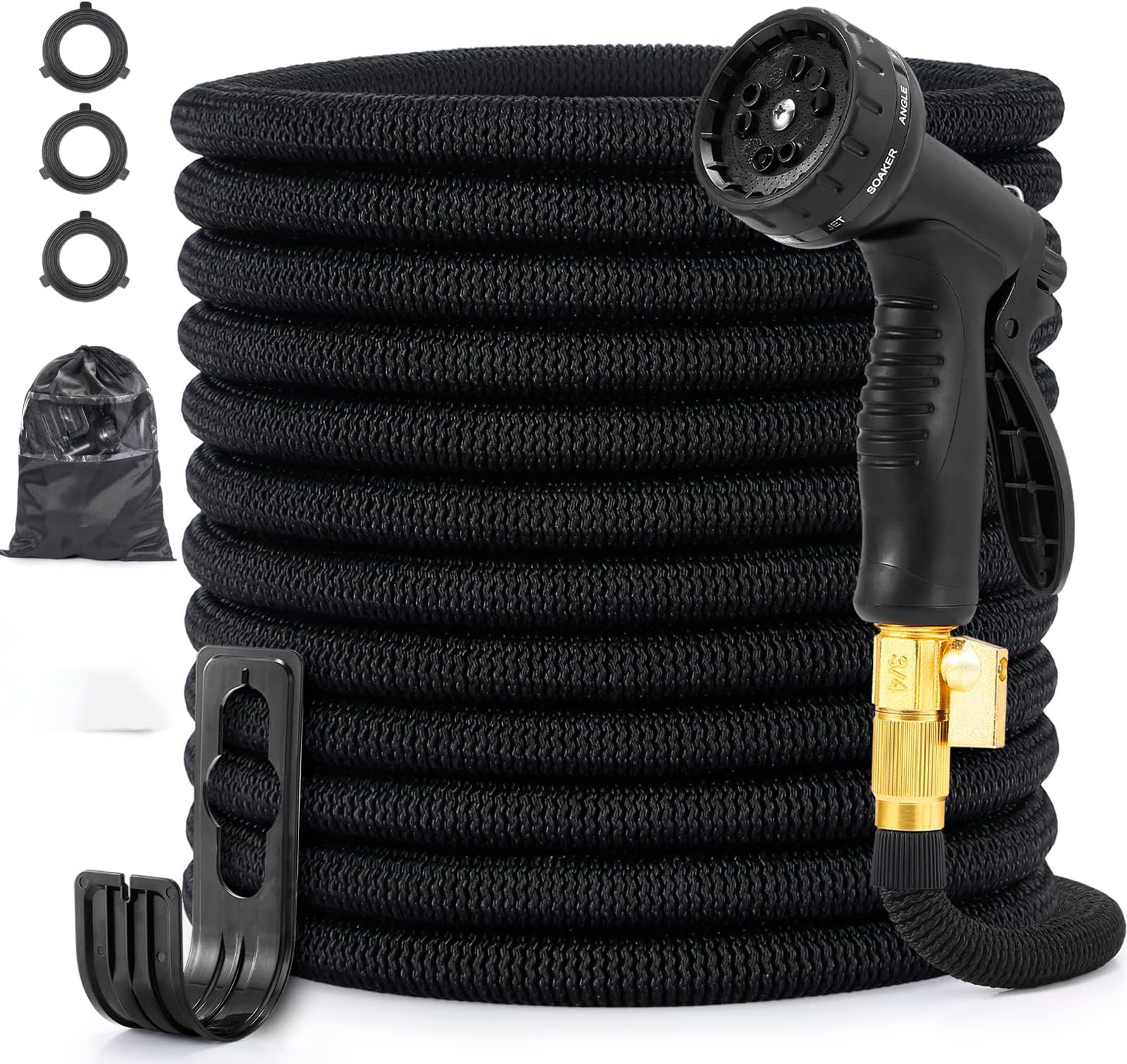 Expandable Garden Hose 100 Feet with 10 Function Spouts and 1 center hook and 1 drawstring pocket and 3 washers Strength 2500D Durable 4-Layer Latex Flexible Water Hose (Black,100FT)