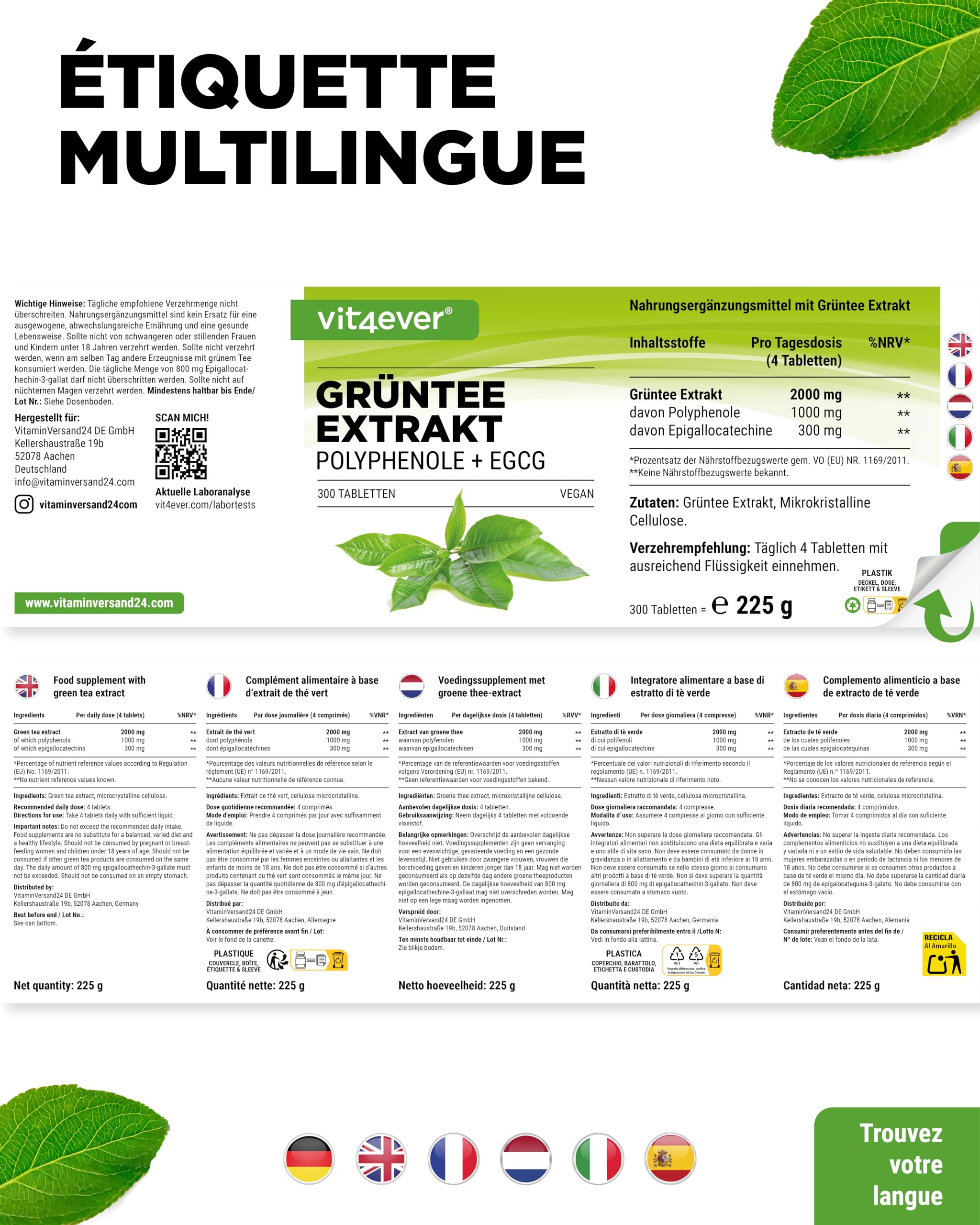 Extrait de Thé Vert 300 Comprimés - Hautement Dosé avec 2000 mg d’Extrait de Thé Vert, 300 mg d’EGCG et 1000 mg de Polyphénols par Dose journalière - Green Tea - Vegan - Sans additifs inutiles