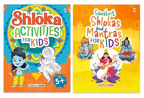 Shlokas and Mantras Books for Kids (Set of 2 Books) - Illustrated Book with Shloka Activity Book for Kids - English, Hindi and Sanskrit Language with Meaning - Ganesha, Durga, Shiva, Vishnu, Krishna, Guru, Gayatri, Hayagreeva