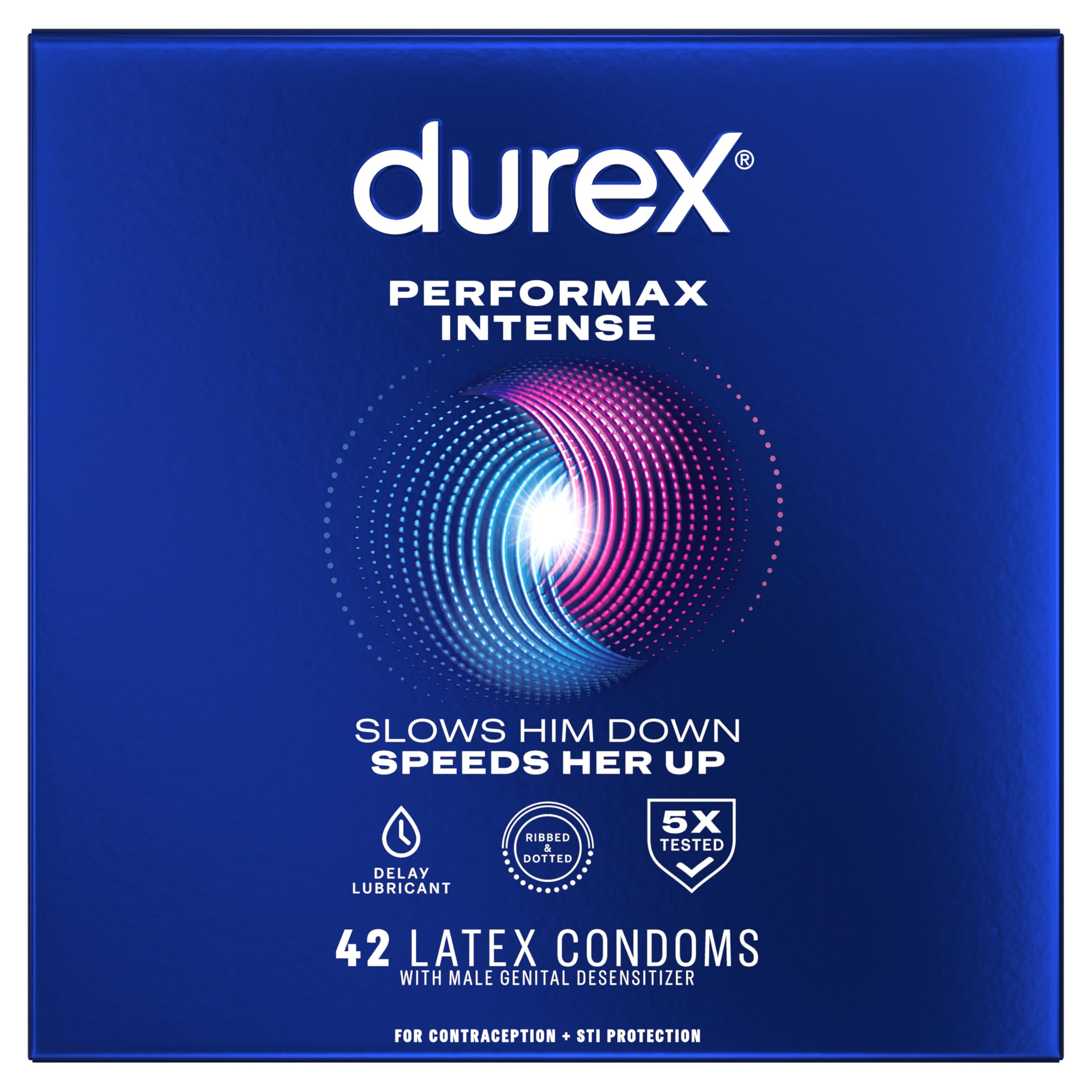Performax Intense Condoms, Ultra Fine, Ribbed, Dotted with Delay Lubricant Natural Rubber Latex Condoms for Men, 42 Count