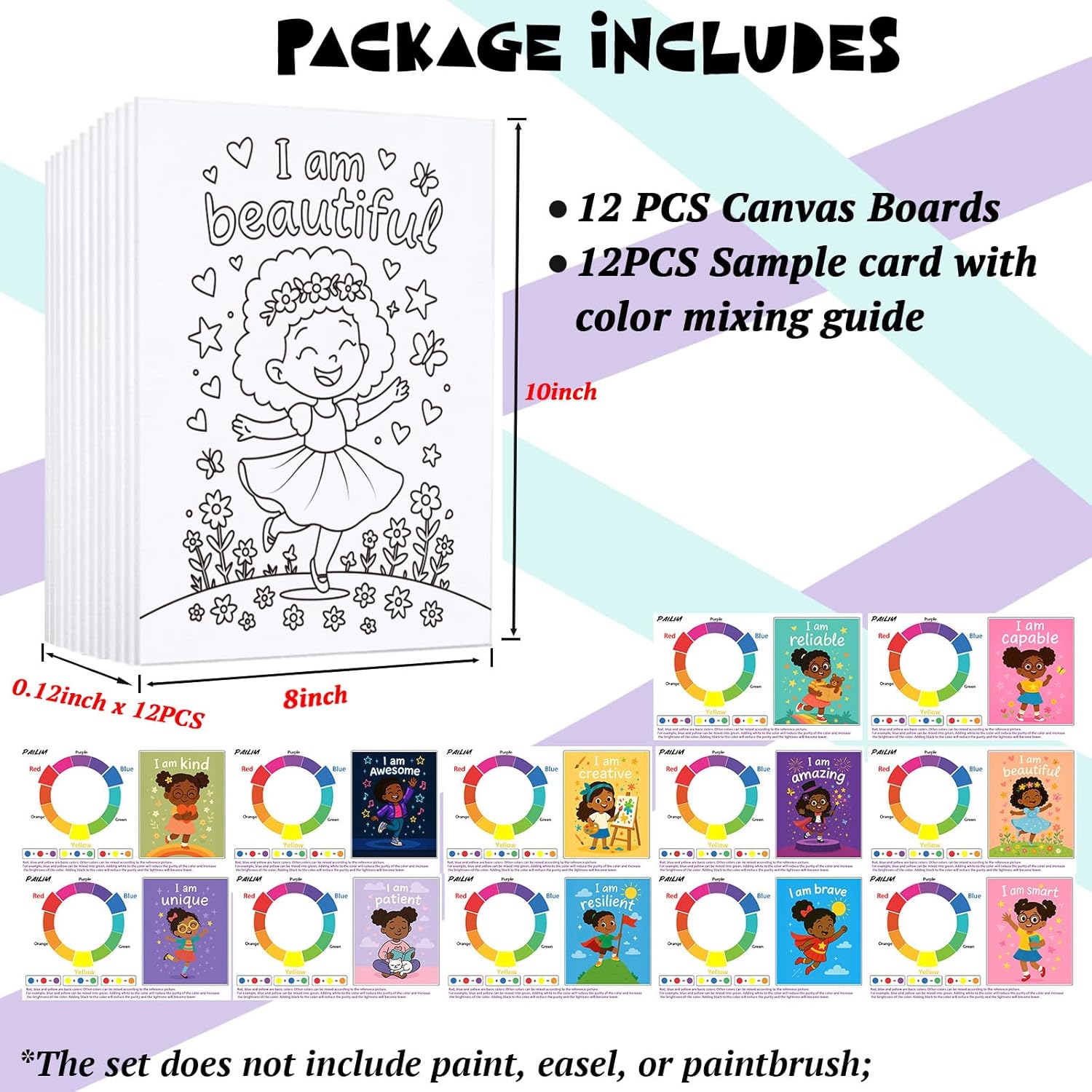 12Pcs Pre Drawn Canvas for Painting Kids 8x10 Black Girl Sip and Painting Kit for Kids Family & Friends Beginner Canvas Art Supplies Party Favors Activities Gifts for Kids Inspirational Art Set