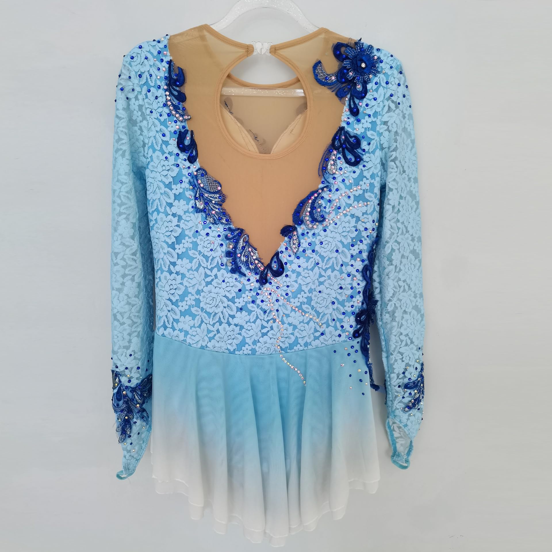 LIUHUO Vestido de patinaje artístico Falda degradado de encaje azul para niñas Rendimiento de competición