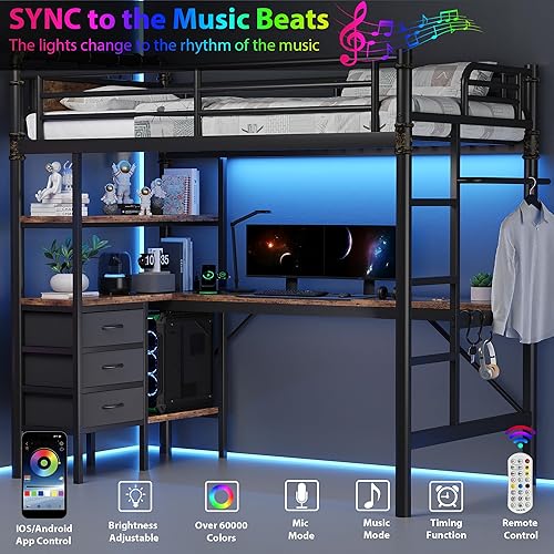 Miniatura 3 de Cama tipo loft de tamaño individual con escritorio en forma de L, luces LED, estación de carga, marco de cama de metal industrial resistente con 3