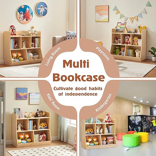 Miniatura 8 de Estante de almacenamiento de madera para juguetes y libros con protector de bola rodante, cubos profundos, organizador Montessori de madera