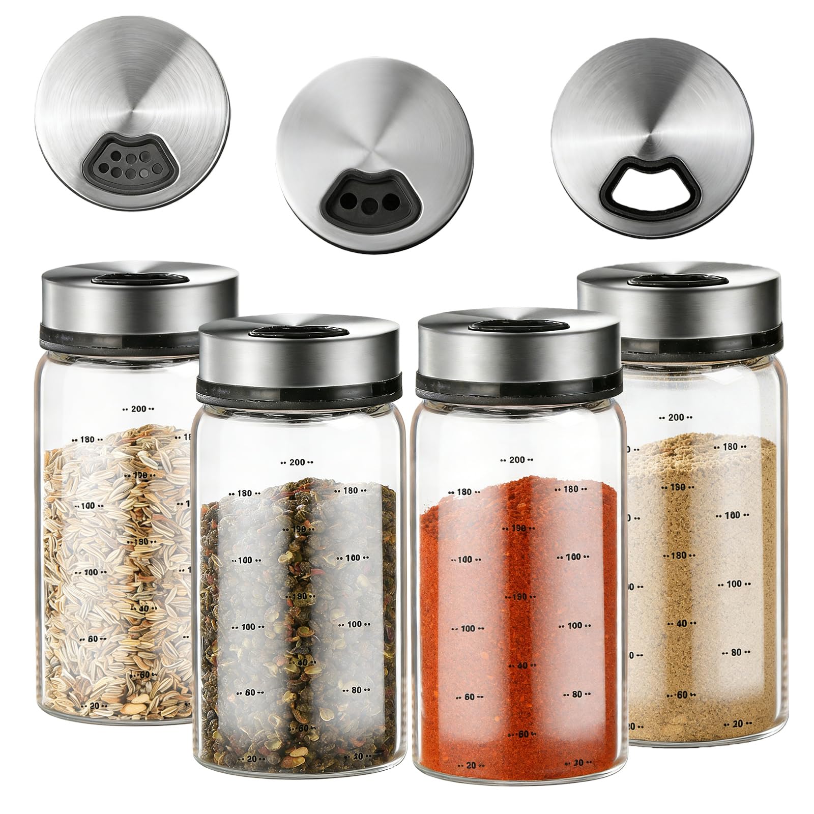 Lot de 4 pots à épices avec couvercle rotatif : 200 ml avec 4 types de trous d'épices, en verre borosilicate résistant à l'humidité avec couvercle en acier inoxydable 304 pour cuisine