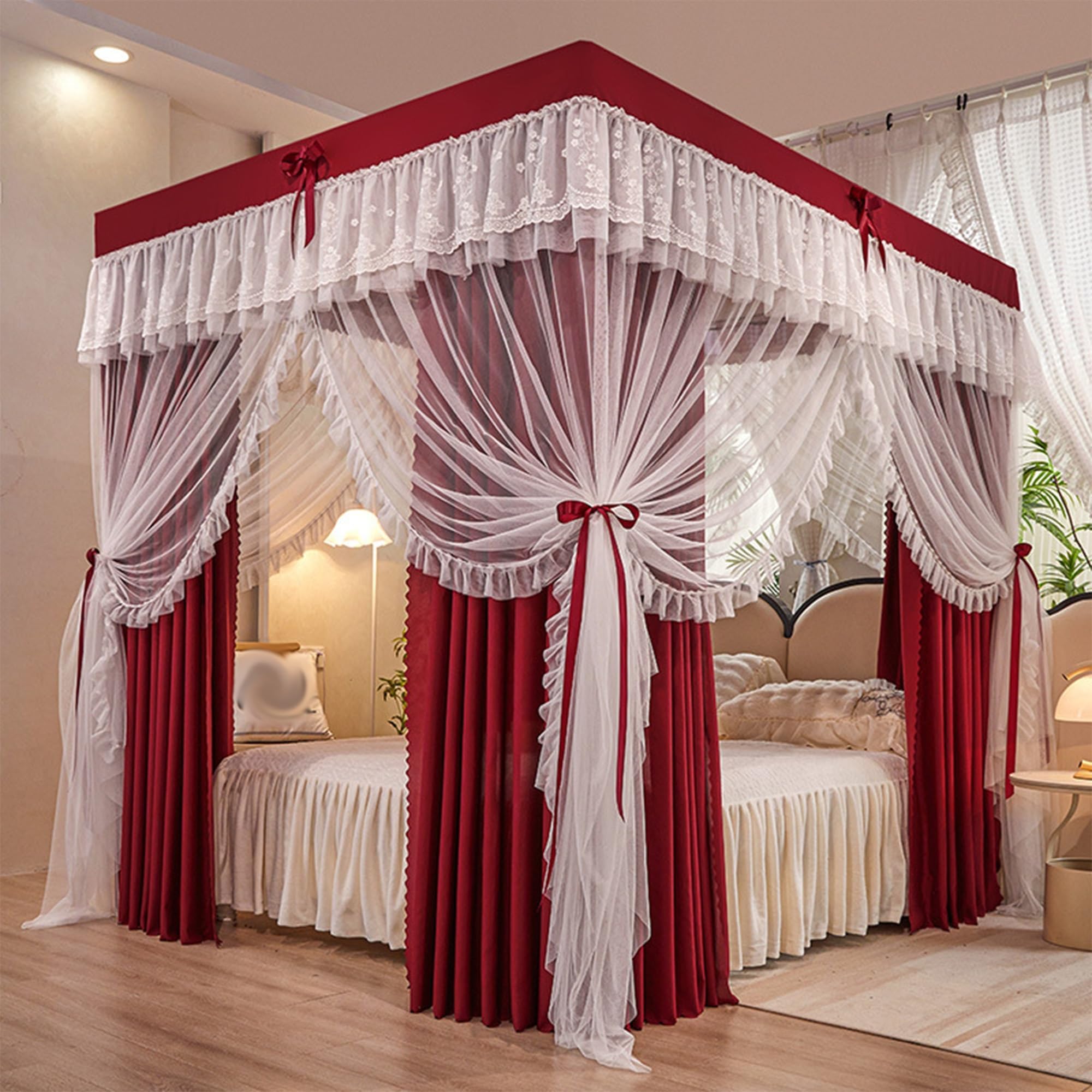 Baldaquin Princesse avec Volants Ciel de Lit Rectangulaire à 4 Ouvertures Moustiquaire Double Couche pour Chambre de Fille Décoration Romantique Doux et Respirant,A,150 * 200cm* Without Stand