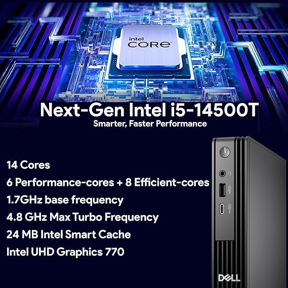Dell Pro Micro QCM1250 (Next-gen OptiPlex 7000 MFF) Intel i5-14500T, 32GB DDR5 RAM, 1TB SSD, WiFi 6E + BT, RJ-45, DisplayPort, Wired KB & Mouse, 3 YR WTY, W11P, Business Desktop