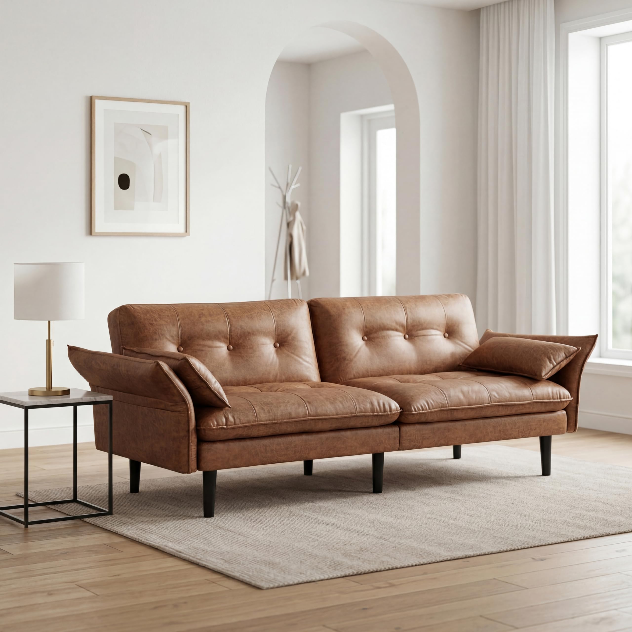 Faux Leather Futon Sofa Bed, Convertible Sleeper Sofa Couch | Leather Couch with Adjustable Backrest and Armrests, Sleeper Sofa for Living Room, Bedroom, Office, Camel(Brown)
