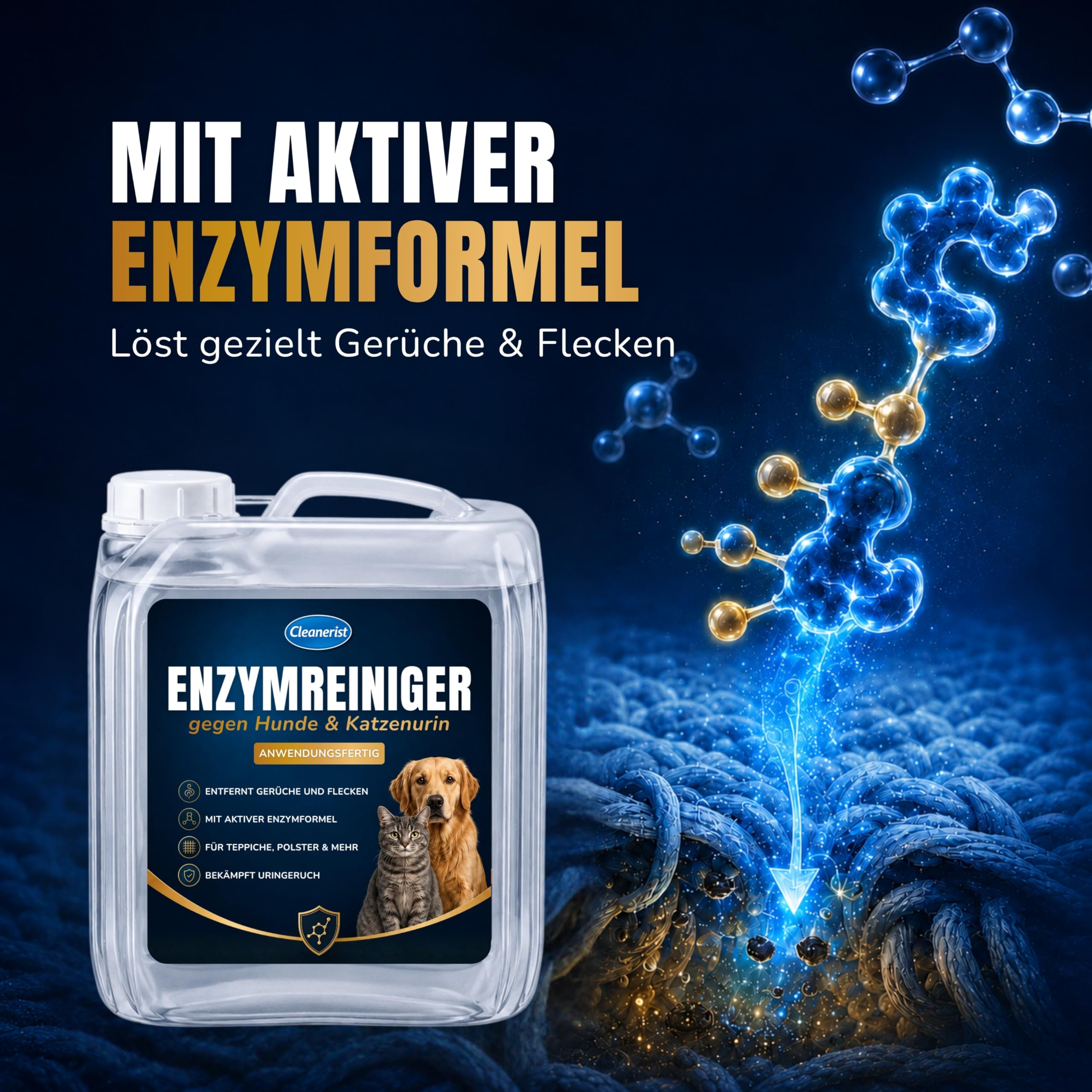 5L Enzymreiniger - Mikrobiologischer Geruchsentferner & Fleckenentferner, Katzenurin & Hundeurin Entferner, Geruchsneutralisierer für Polster & Teppich, Anwendungsfertig im Kanister