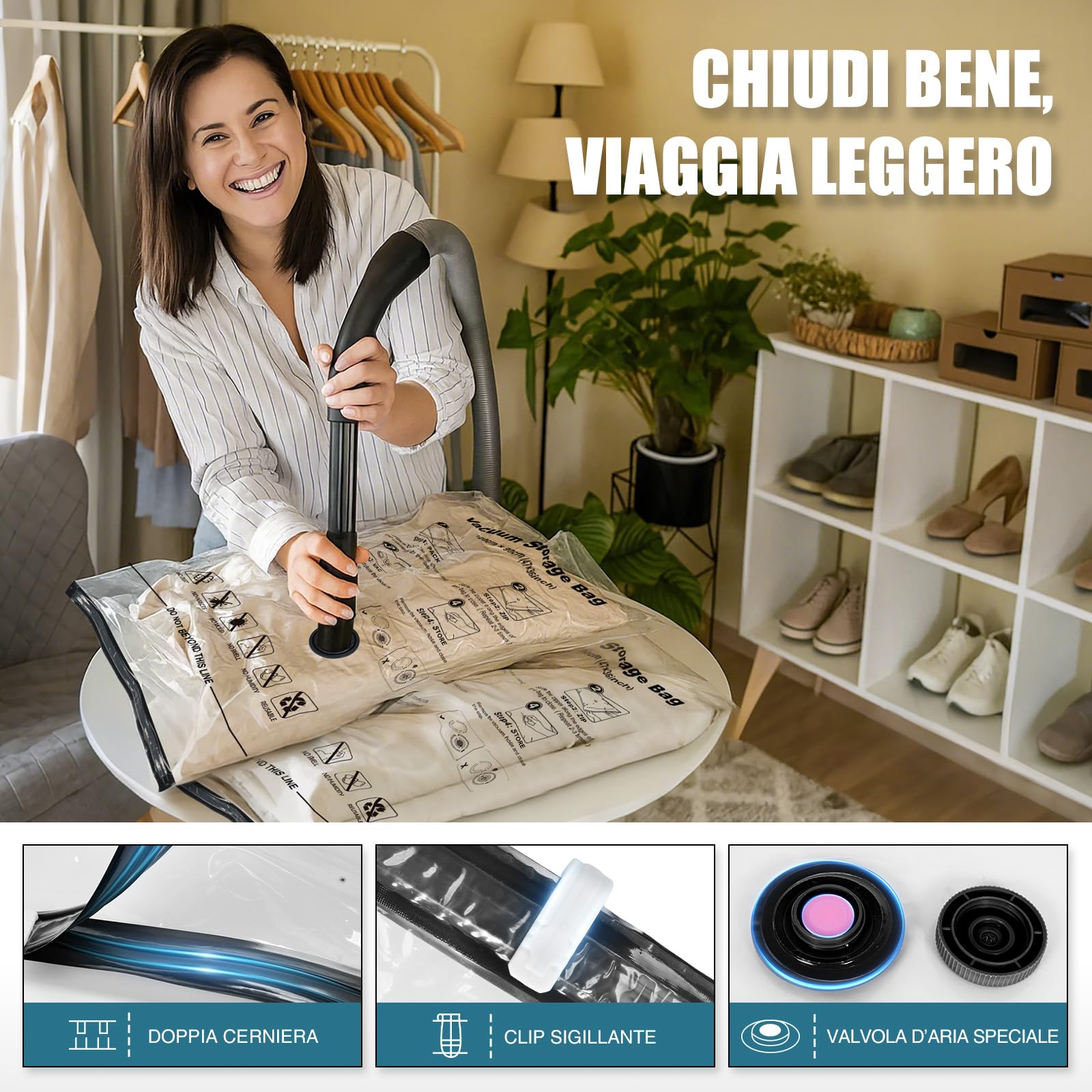 Accenter Sacchetti Sottovuoto Vestiti 5 Pezzi Sacchi Sottovuoto Piumoni 3XL 100x80cm 2L 80x60cm Buste Sottovuoto Vestiti Per contenere vestiti, lenzuola, piumoni, cuscini e coperte