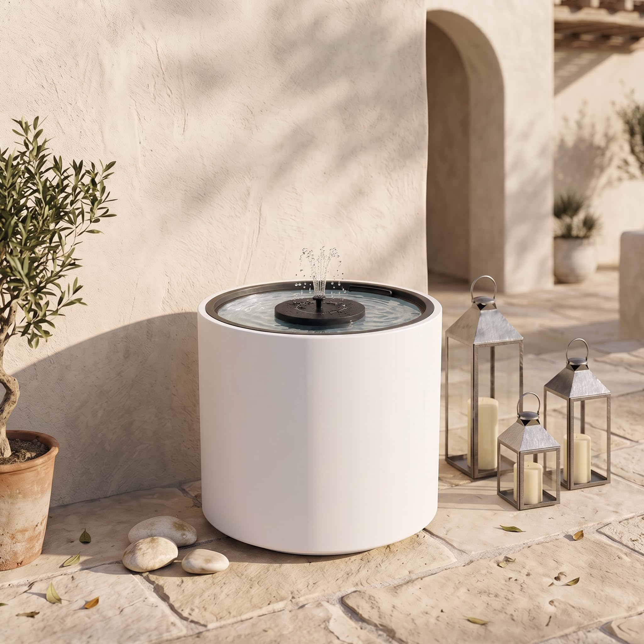 Solarbrunnen Set für draußen - Solar Springbrunnen mit Akku Ø 47x45 cm Schale weiß
