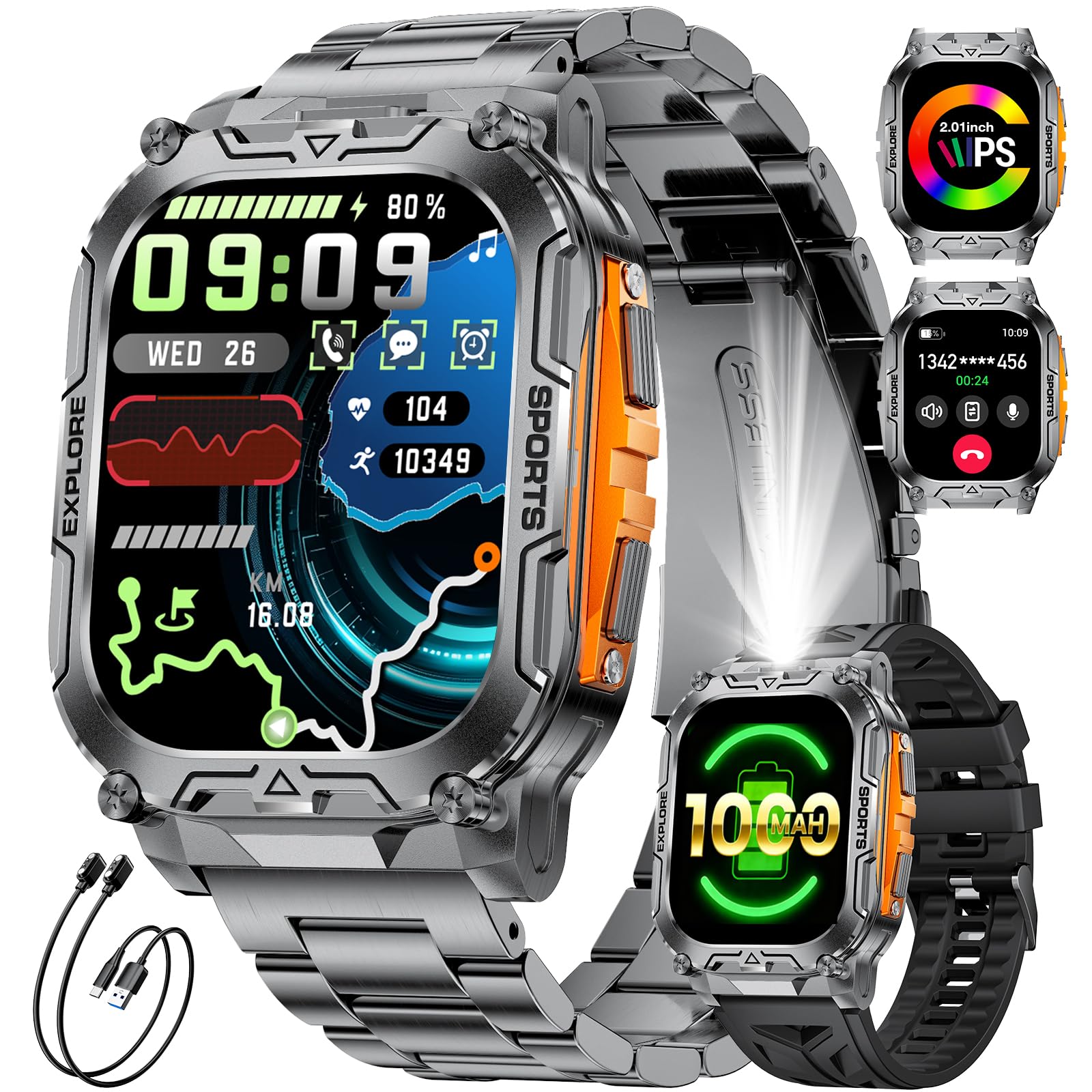 1000mAh Akku Smartwatch Herren Militär, 2.01" Sportuhr Herren mit Telefonfunktion/LED Taschenlampe, 100+ Sportmodi Fitnessuhr mit IP68,Herzfrequenz/Schlafmonitor,für Android iOS, Schwarz