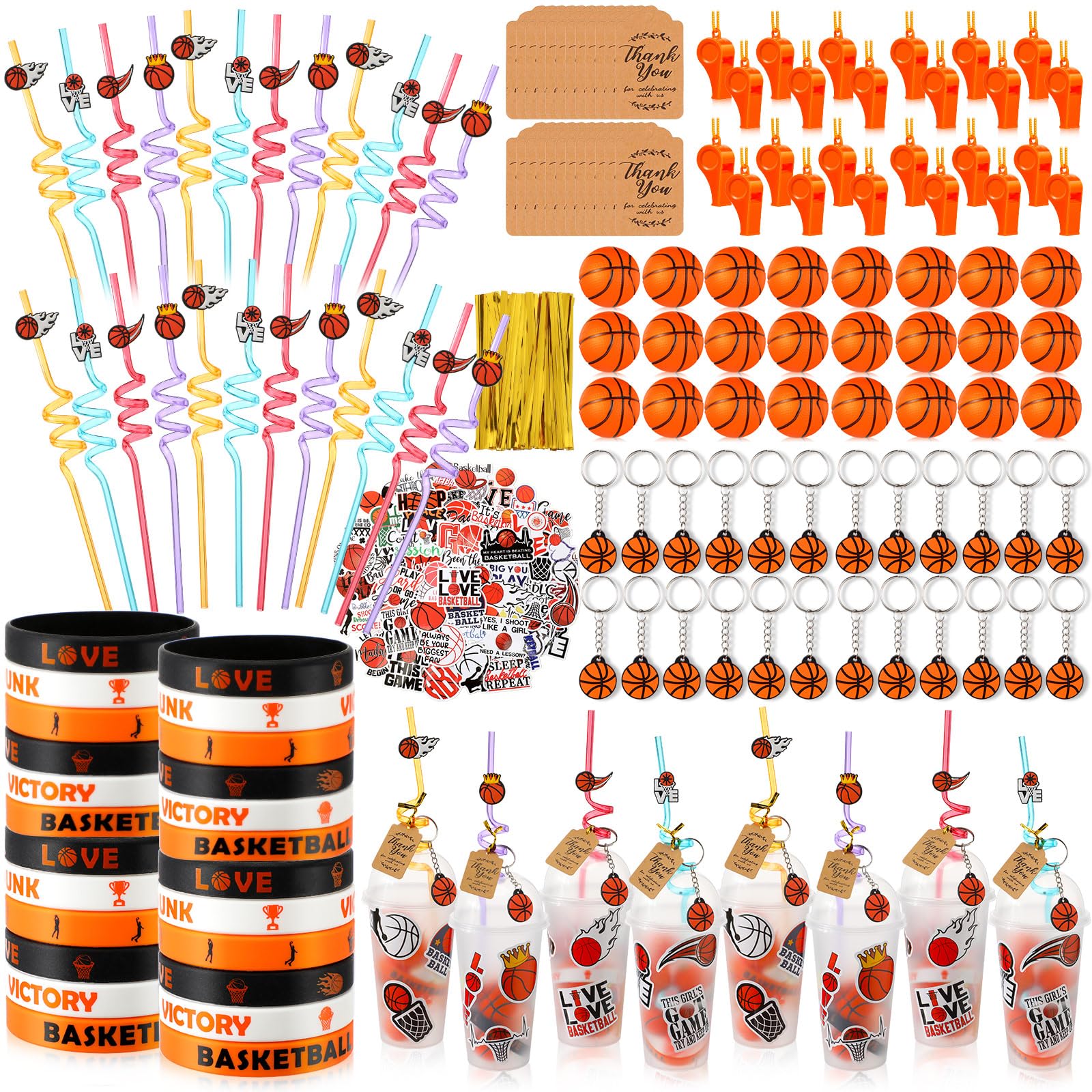 Weysat 268 Pcs Basketball Party Favors Sets for 24 People Birthday Gifts Goody Cups with Straws Key Chains Whistles Silicone Wristbands Stickers Thank