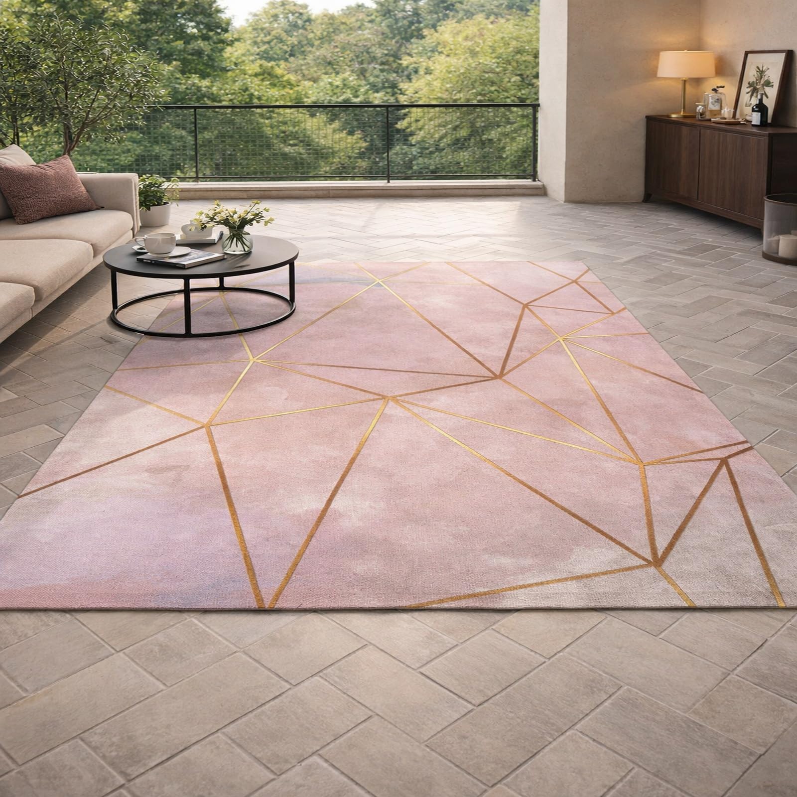 Tapis de salon poil ras 180x270cm géométrique rose moderne pour bureau