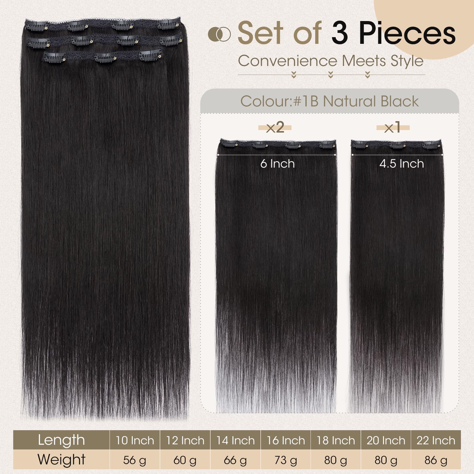 Elailite Clip In Hair Extensions Real Human Hair Remy #1B Natural Black Double Weft Seamless Hairpieces Straight 12 Inch (60 g) 60g 3 Pieces - Image 4