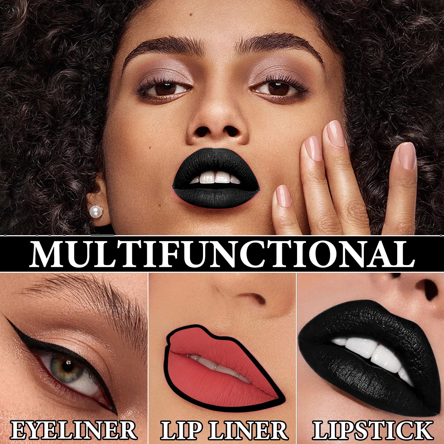 Juego de 2 lápices labiales líquidos y delineadores de labios, mate, impermeable, de larga duración, antiadherente, juego de brillo de labios negro para cosplay, gótico, maquillaje de 4