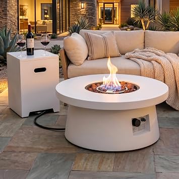 HOTEAGLE 30" Outdoor Propane Fire Pit Table w Tank Table, 50000 BTU CSA Certified Round Iron Gas Fire Pit, Removable Lid, Lava Rocks and Rain Cover for Patio Backyard Garden Pool
